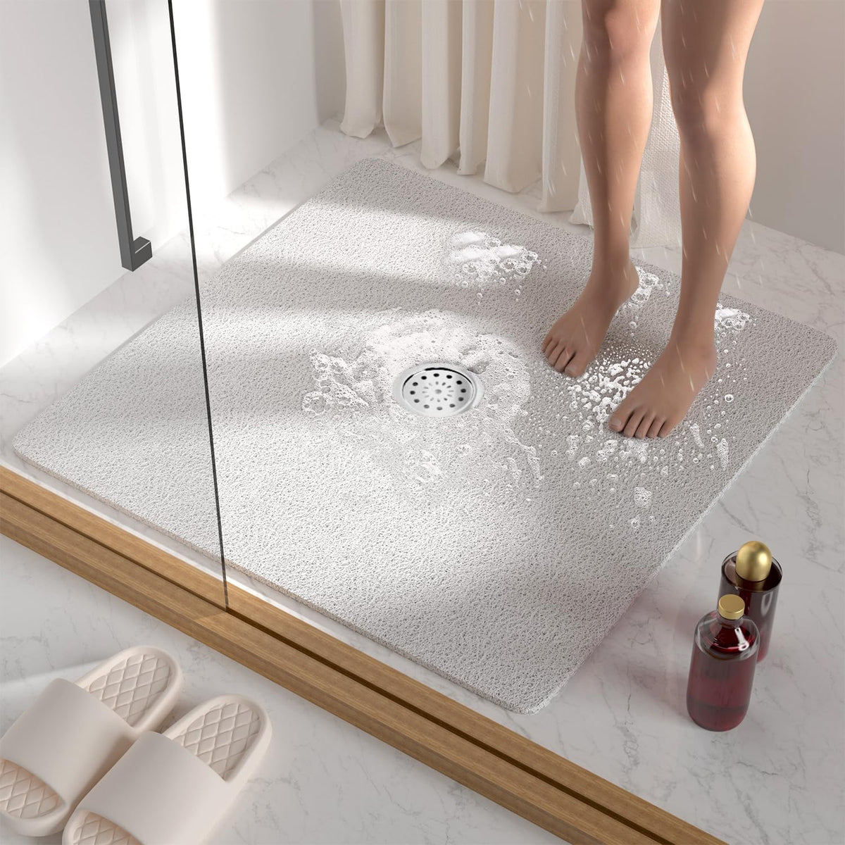 HITSLAM Square Shower Mat, 24 x 24 Inch Non Slip Bath Mat for Tub, Soft PVC Loofah Bathtub Mats with Drain Holes, Quick Drying Bathroom Stall Floor Mat, Bathroom Accessories Without Suction Cup, Grey