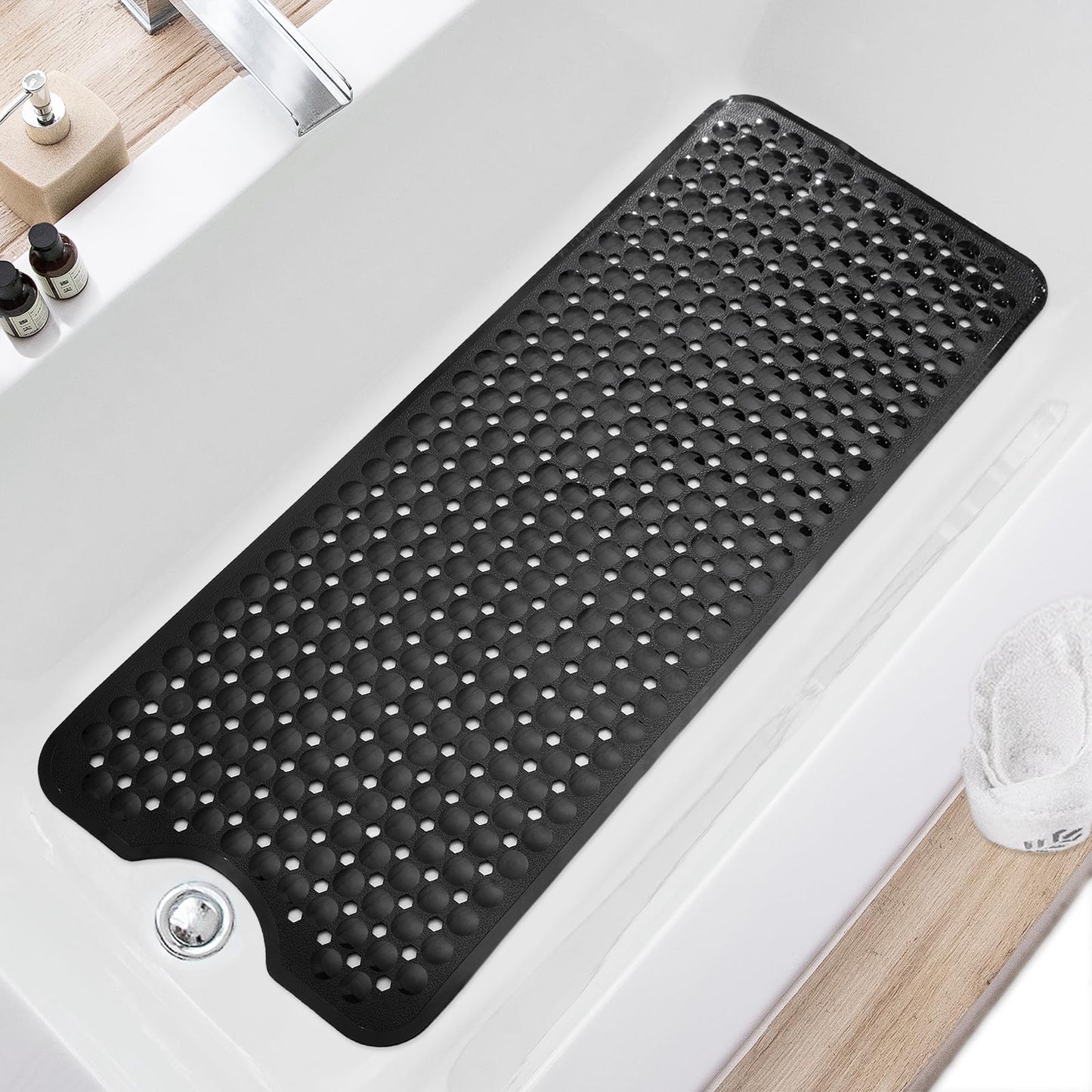 TEESHLY Bath Tub and Shower Mats, Non Slip 40 x 16 Inch Extra Large Bathtub Mat, Machine Washable Bathmat with Drain Holes, Suction Cups for Bathroom Floor, Gray
