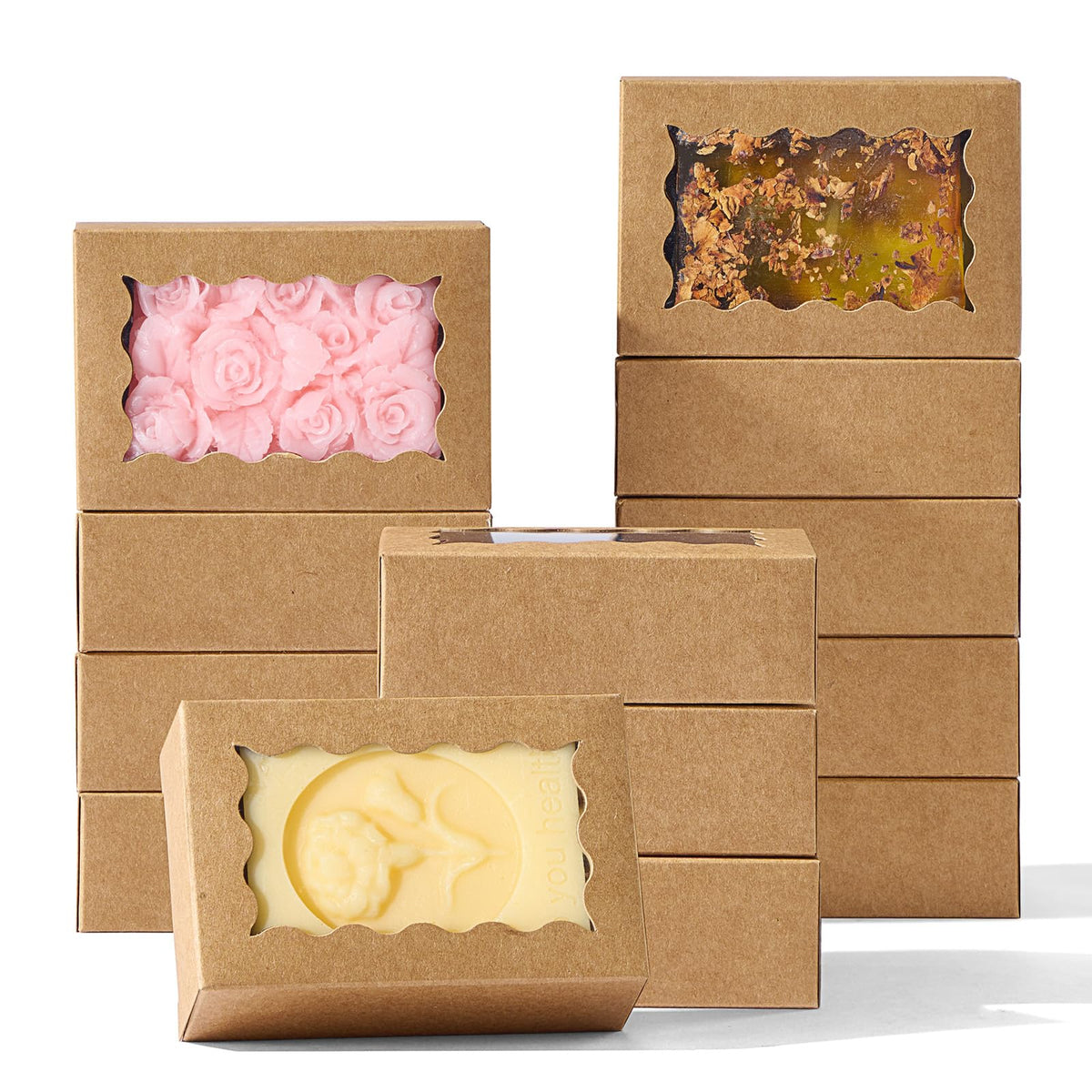 40PCS Kraft Brown Soap Boxes with Window, 3.5x2.36x1.2 Inches, Small Gift Boxes for Homemade Soap, Macarons, Cookies, Candies, Wedding and Birthday Party Favors
