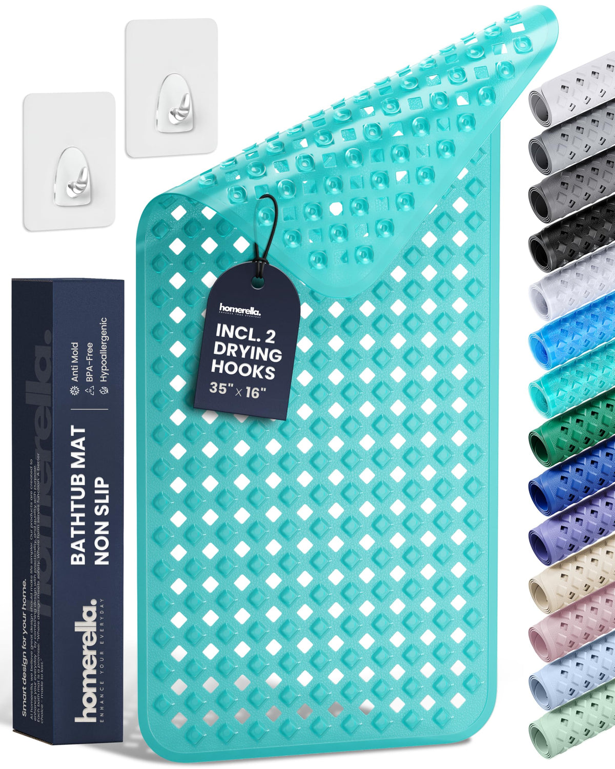 homerella Bathtub Mat Non Slip 35x16 Shower Mat Non Slip Anti Mold BPA Free | Mildew Resistant, Machine Washable, Extra Long Tub Mat, Shower Mats for Inside Shower, Bath Mat for Tub Non Slip EU Certified