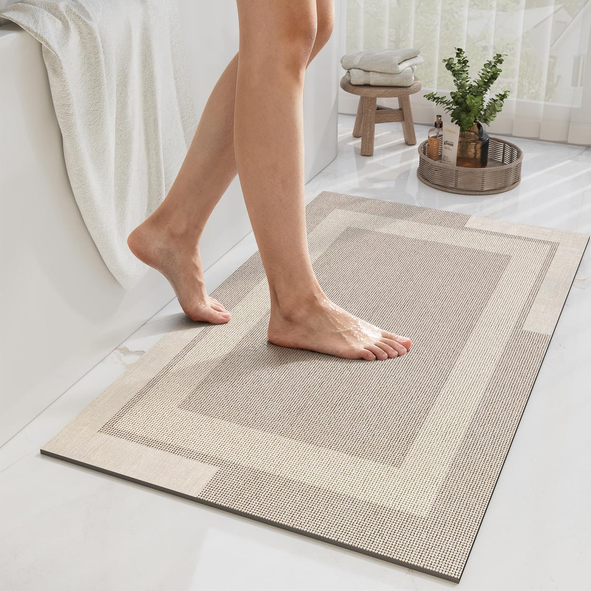 YDKGL Non Slip Bath Mat Thin Bathroom Rugs Fit Under Door Grey 16"x 24" | Quick Dry Absorbent Washable Rubber Backing Bath Rug Shower Mat Bathroom Floor Mat for Sink Bathtub Beside Shower Entrance