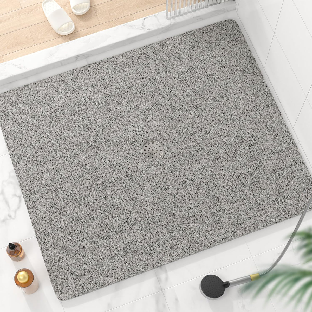 HITSLAM Square Shower Mat, 24 x 24 Inch Non Slip Bath Mat for Tub, Soft PVC Loofah Bathtub Mats with Drain Holes, Quick Drying Bathroom Stall Floor Mat, Bathroom Accessories Without Suction Cup, Grey