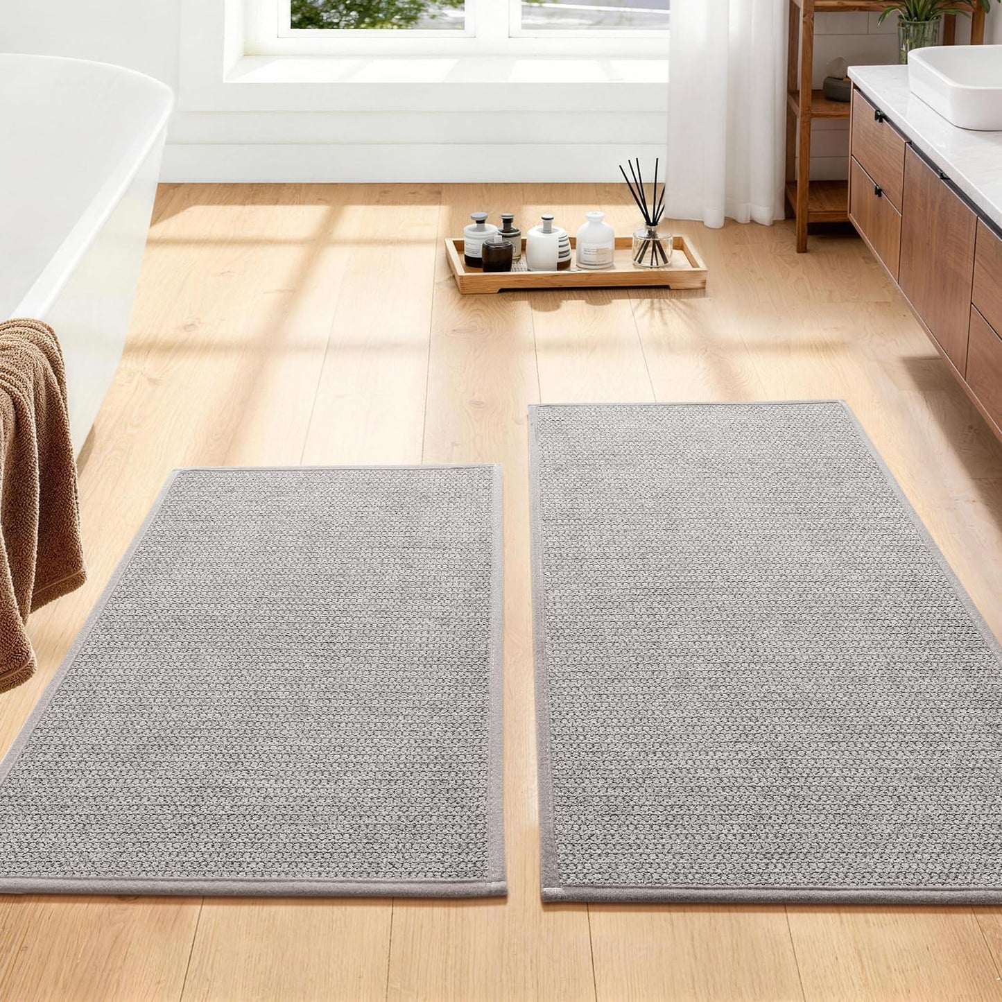 YIHOUSE Gray Bathroom Rugs Sets 3 Piece, Quick Dry Thin Bath Mat with Toilet Rug, Non Slip Absorbent Machine Washable, Bath Runner Rugs for Bathtub Sink Home Decor