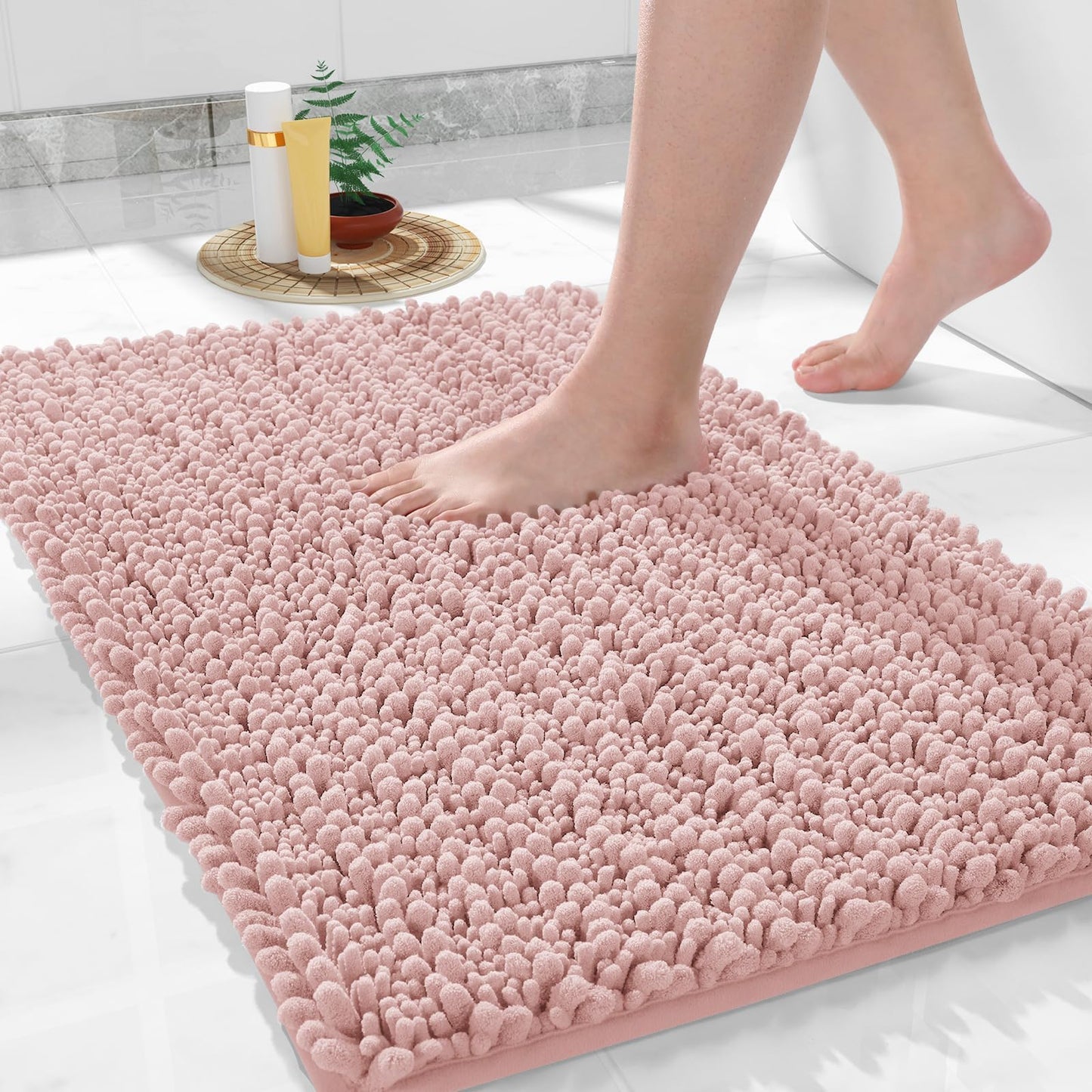 Yimobra Bathroom Rugs Non-Slip Washable – Extra Soft & Absorbent Chenille Bath Mat, Quick-Dry Plush Shaggy Floor & Vanity Bath Rugs for Tub & Shower, Modern Home Decor Accessories, 24 x 17, Grey