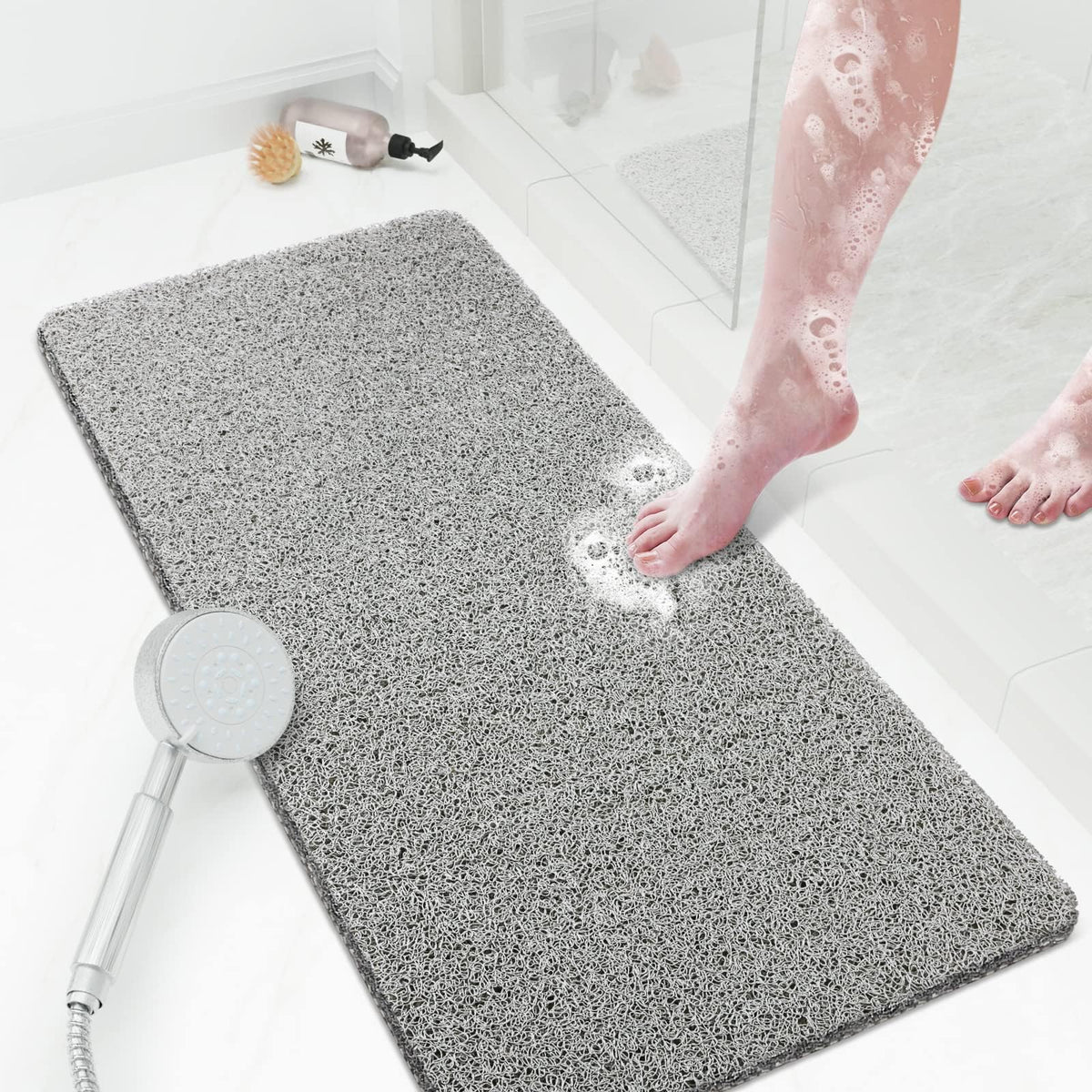 SoftDuo Shower Mat Bathtub Mat Non-Slip Soft Tub Mat | 24x16 inch,PVC Loofah Bath Mat with Drain for Tub and Bathroom,Quick Drying,Grey