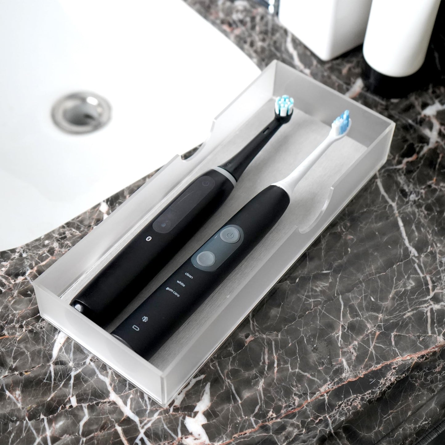 2Pack Acrylic Electric Toothbrush Holder with Diatomite Drying Stone, Bathroom Drawer Organizer with Drainage Hole for Tooth Brush, Compatible with Philips, Oral-B