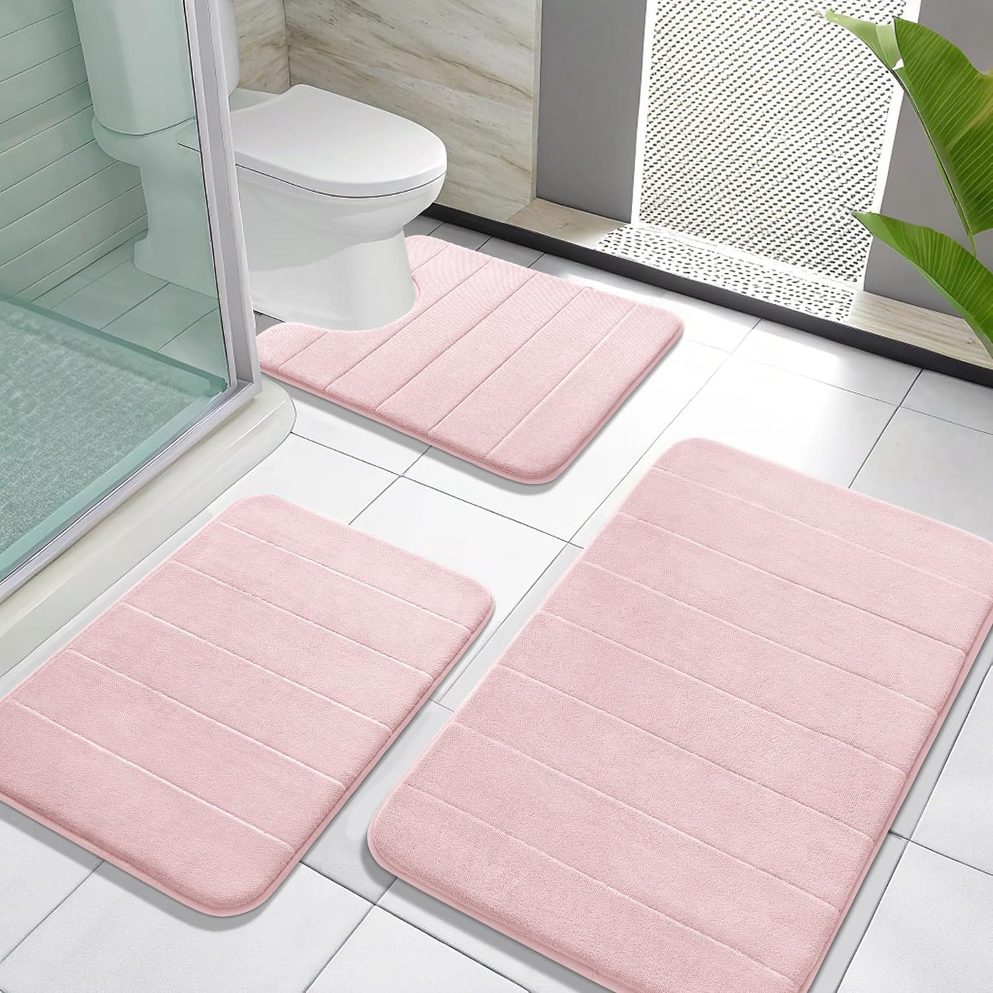 Yimobra Memory Foam Bath Mat Set 3 Pieces- Super Soft Absorbent Quick Dry Bathroom Rug Sets, Machine Washable Non Slip Floor Carpet for Tub Shower, Vanity & Toilet Base, Gray