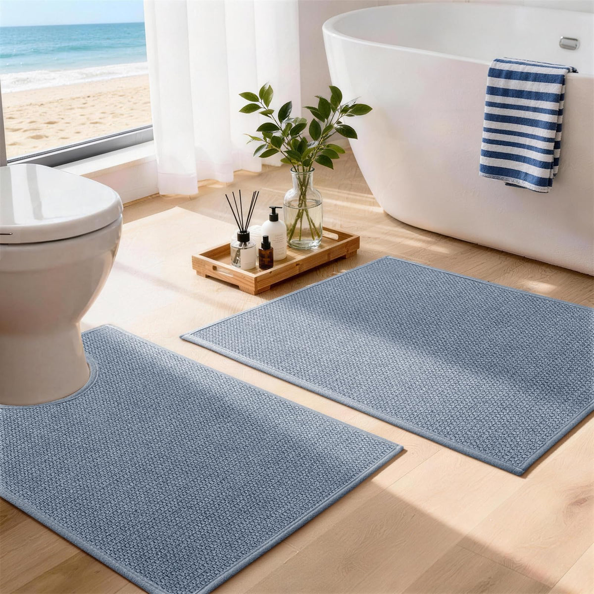 YIHOUSE Gray Bathroom Rugs Sets 3 Piece, Quick Dry Thin Bath Mat with Toilet Rug, Non Slip Absorbent Machine Washable, Bath Runner Rugs for Bathtub Sink Home Decor