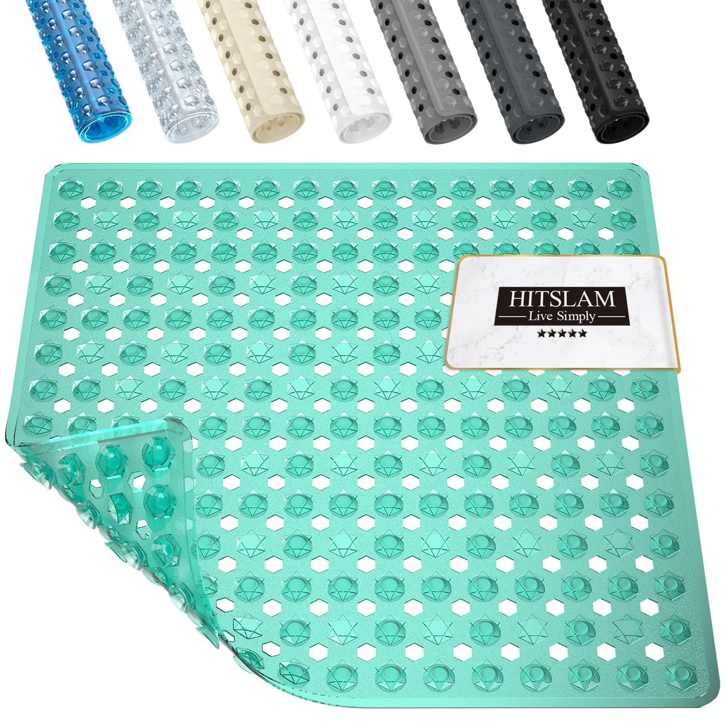 HITSLAM Shower Mat Anti Slip, Square Bath Mat for Tub Non Slip with Suction Cups and Drain Holes, 21x21 Inch Bathroom Shower Stall Floor Mat, Machine Washable, Soft on Feet, Clear