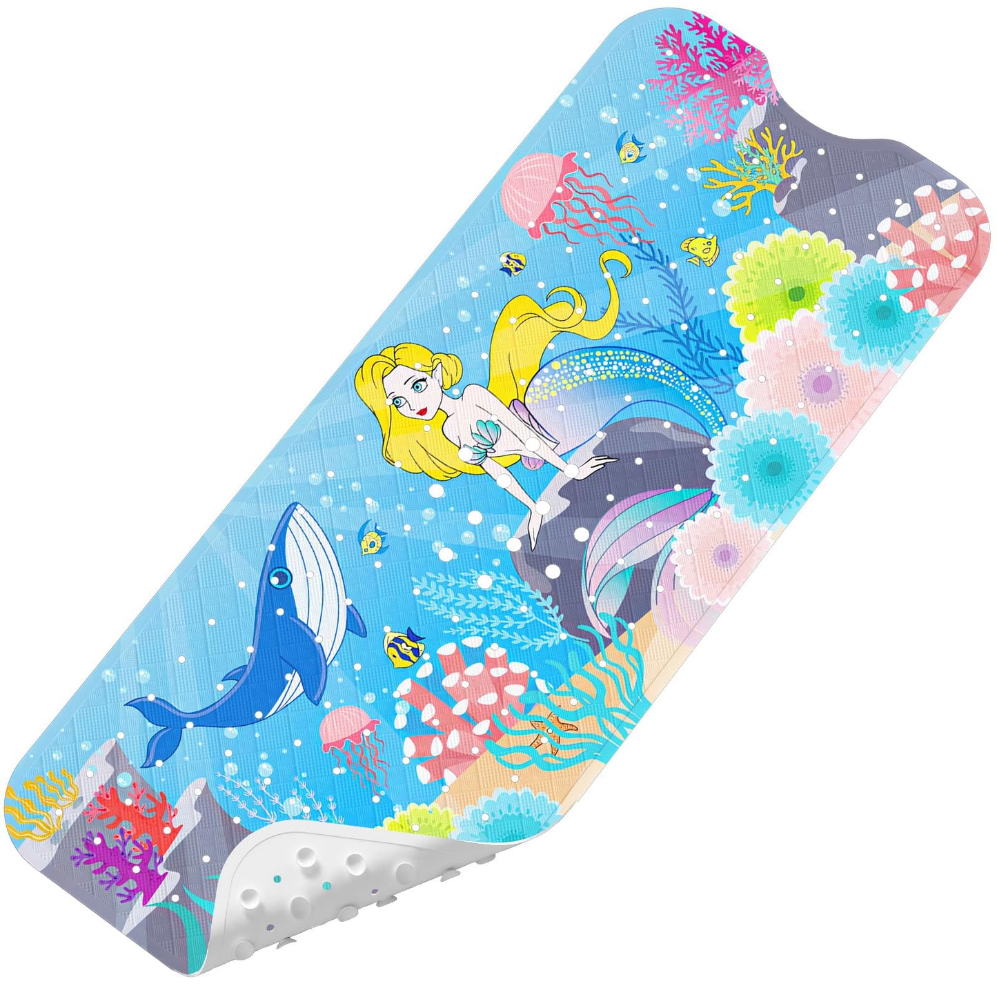 Baby Bath Mat for Tub Non Slip Kids, BPA Free Extra Long Bathtub Mat 40x16 with Drain Holes and 200 Suction Cups, Non Toxic Machine Washable Toddler Bath Mat, No Fading, Sea