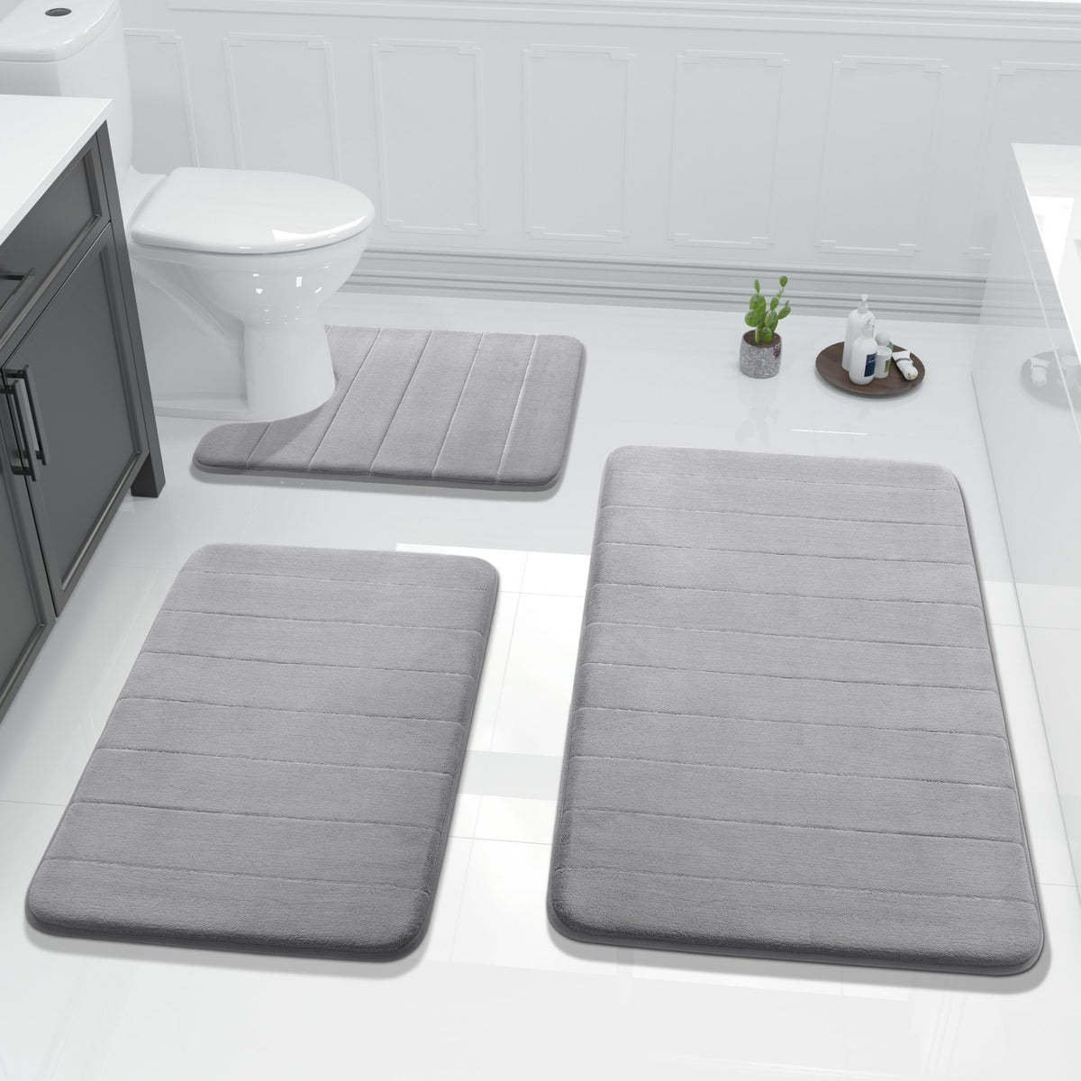 Yimobra Memory Foam Bath Mat Set 3 Pieces- Super Soft Absorbent Quick Dry Bathroom Rug Sets, Machine Washable Non Slip Floor Carpet for Tub Shower, Vanity & Toilet Base, Gray