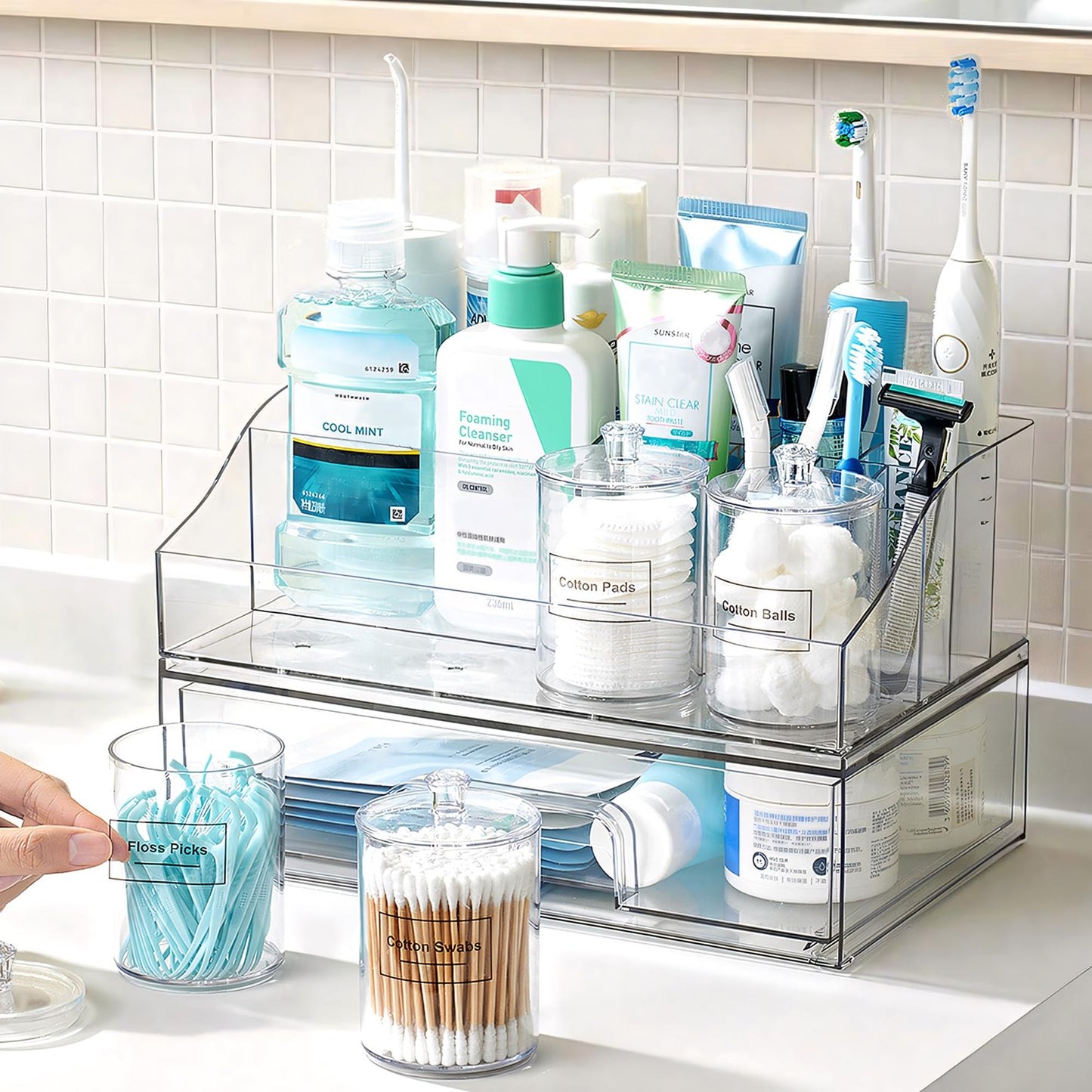 Vtopmart 5 PCS Bathroom Countertop Organizer Sets | 1 Divided Tray, 4 Qtip Holder Jars, Clear, For Toothbrush, Cotton Pads, for bathroom countertop
