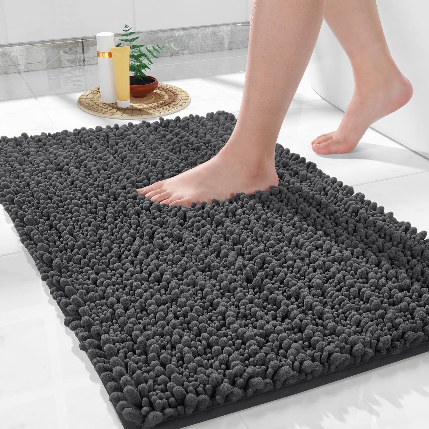 Yimobra Bathroom Rugs Non-Slip Washable – Extra Soft & Absorbent Chenille Bath Mat, Quick-Dry Plush Shaggy Floor & Vanity Bath Rugs for Tub & Shower, Modern Home Decor Accessories, 24 x 17, Grey