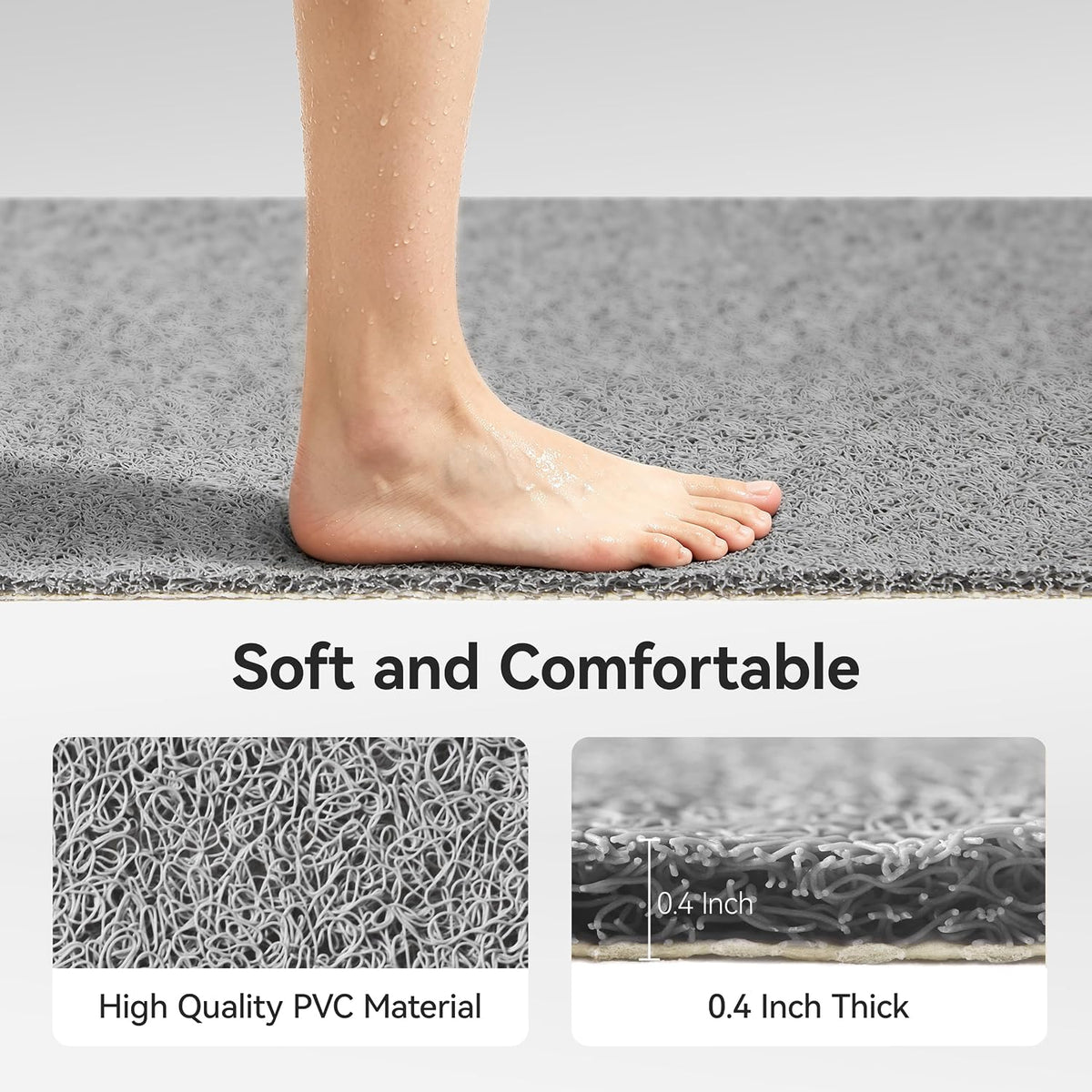 Asvin Soft Textured Bath, Shower, Tub Mat, 24x16 Inch Rectangular, Phthalate Free, Non Slip Comfort Bathtub Mats with Drain, PVC Loofah Bathroom Mat for Wet Areas, Quick Drying, Grey