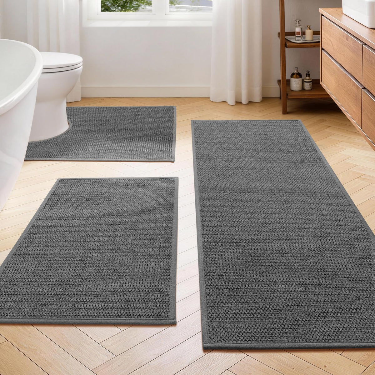 YIHOUSE Gray Bathroom Rugs Sets 3 Piece, Quick Dry Thin Bath Mat with Toilet Rug, Non Slip Absorbent Machine Washable, Bath Runner Rugs for Bathtub Sink Home Decor