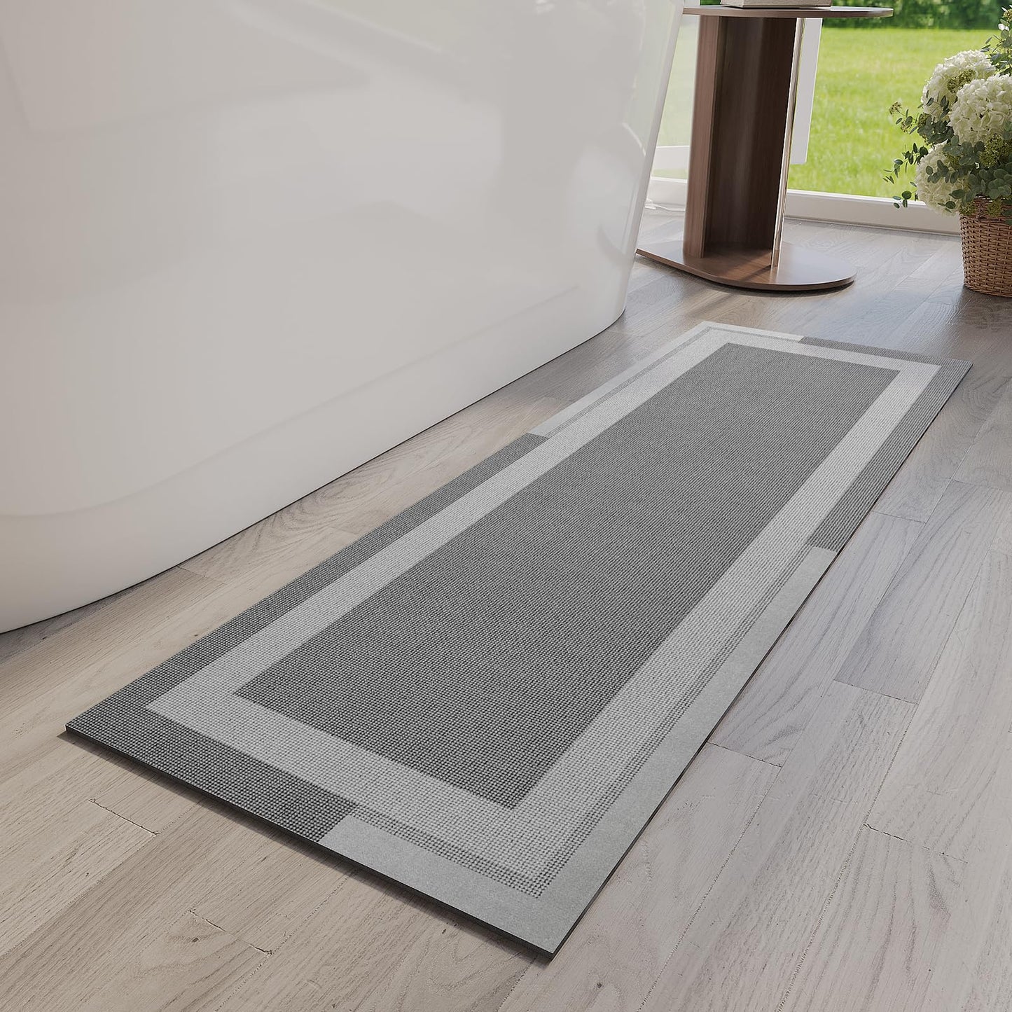 YDKGL Non Slip Bath Mat Thin Bathroom Rugs Fit Under Door Grey 16"x 24" | Quick Dry Absorbent Washable Rubber Backing Bath Rug Shower Mat Bathroom Floor Mat for Sink Bathtub Beside Shower Entrance