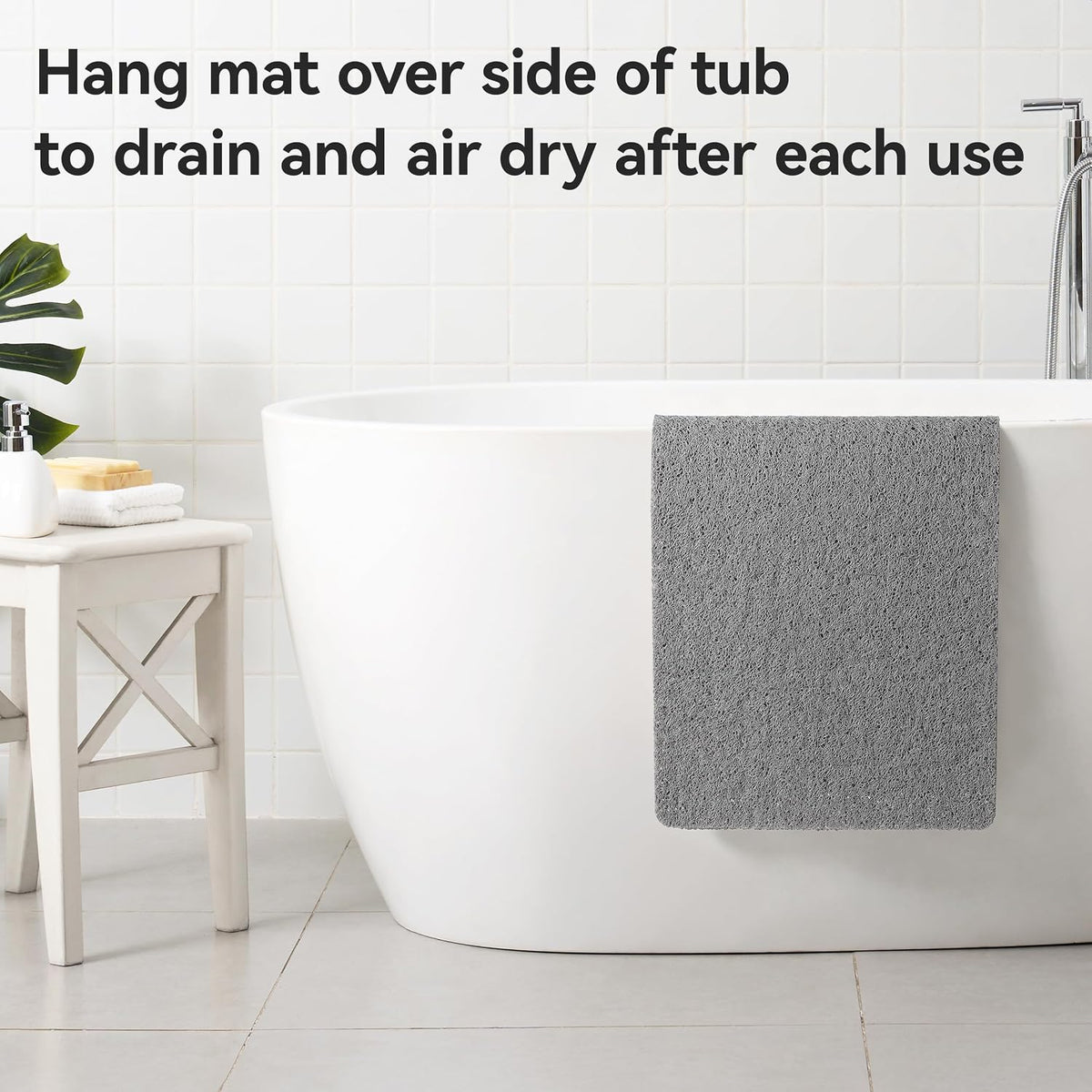 Asvin Soft Textured Bath, Shower, Tub Mat, 24x16 Inch Rectangular, Phthalate Free, Non Slip Comfort Bathtub Mats with Drain, PVC Loofah Bathroom Mat for Wet Areas, Quick Drying, Grey