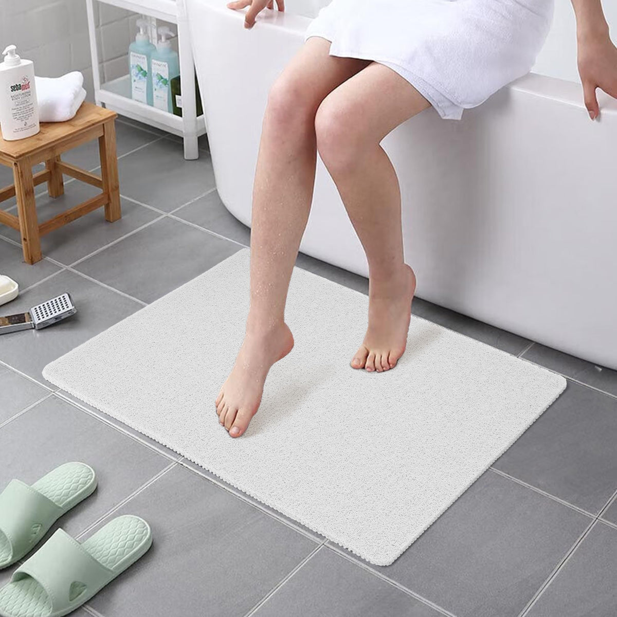 HITSLAM Shower mat Non Slip, 24 x 16 Inch Bath Mat for Tub with Drain Holes, Soft PVC Loofah Bathtub Mat Non Slip, Quick Drying Bathroom Shower Mat, Grey