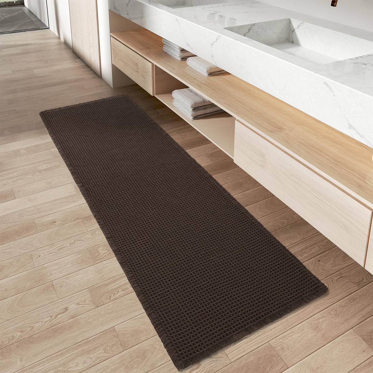 Upgraded Waffle Bath Mat Ultra Absorbent Non Slip Bathroom Mat, 17" x 24" | Brown, Quick Dry Washable Bathroom Rugs, Extra Soft Decorative Bath Rugs for Bathroom Floor, Beside Tub and Shower