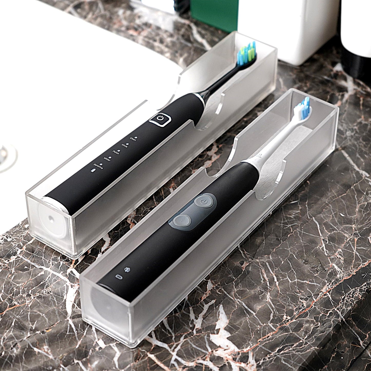 2Pack Acrylic Electric Toothbrush Holder with Diatomite Drying Stone, Bathroom Drawer Organizer with Drainage Hole for Tooth Brush, Compatible with Philips, Oral-B
