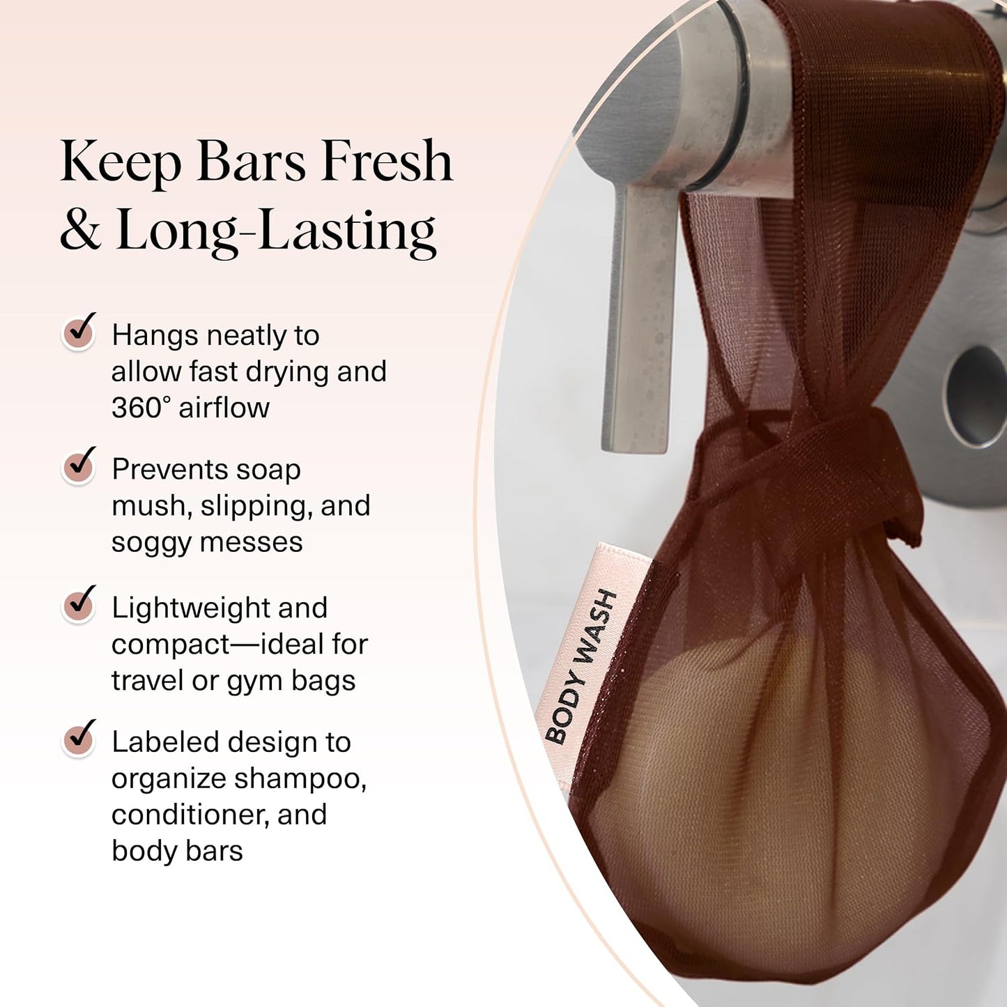 Kitsch Soap Saver Bag – Patented Mesh Bag Soap Holder – Chocolate | for Shampoo and Conditioner Bars – Extends Use & Prevents Soggy Mess – Recycled Beauty Mesh Pouch, Eco-Friendly