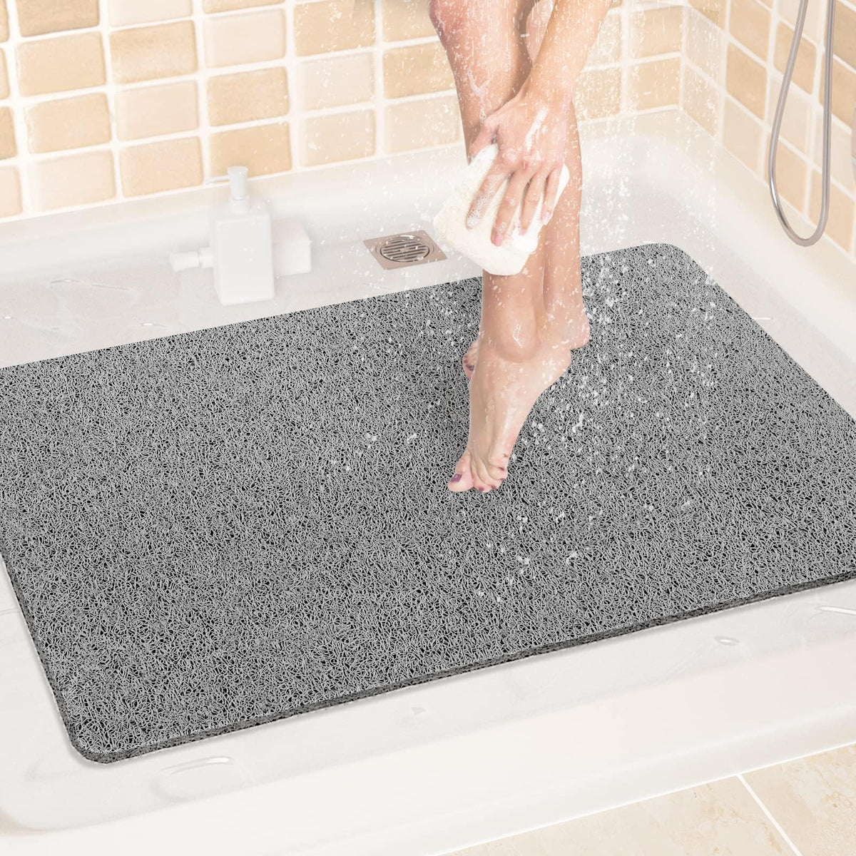 LuxStep Shower Mat Bathtub Mat,24x16 inch, Non-Slip Bath Mat with Drain, Quick Drying PVC Loofah Bathmat for Tub,Shower,Bathroom (Phthalate Free,Grey) | 24x16 inch PVC Loofah Bathmat for Tub,Shower,Bathroom (Phthalate Free,Grey)