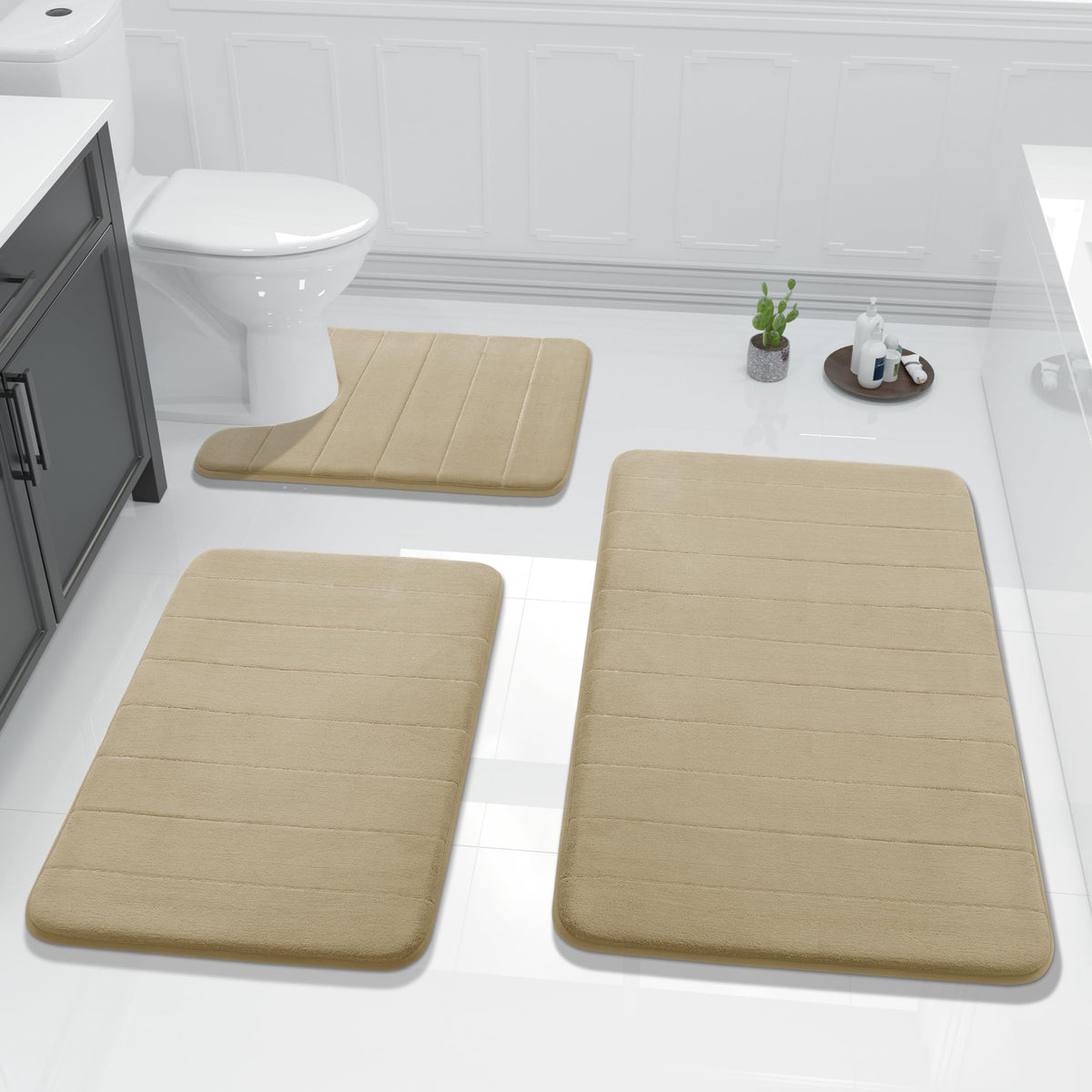 Yimobra Memory Foam Bath Mat Set 3 Pieces- Super Soft Absorbent Quick Dry Bathroom Rug Sets, Machine Washable Non Slip Floor Carpet for Tub Shower, Vanity & Toilet Base, Gray