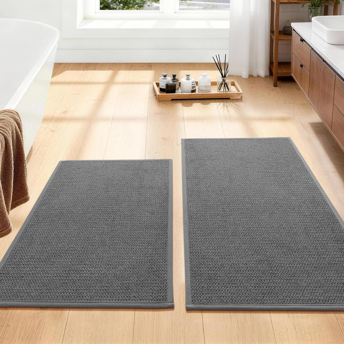 YIHOUSE Gray Bathroom Rugs Sets 3 Piece, Quick Dry Thin Bath Mat with Toilet Rug, Non Slip Absorbent Machine Washable, Bath Runner Rugs for Bathtub Sink Home Decor