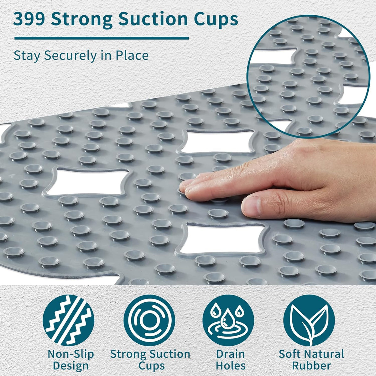 Webos Bathtub Mat Non Slip: Extra Long Rubber Bath Mat for Tub with Strong Suction Cups 15.4" x 37.8" Anti Slip Shower Mat, Big Drain Holes Bathroom Mats for Tub & Shower, Circle-Grey