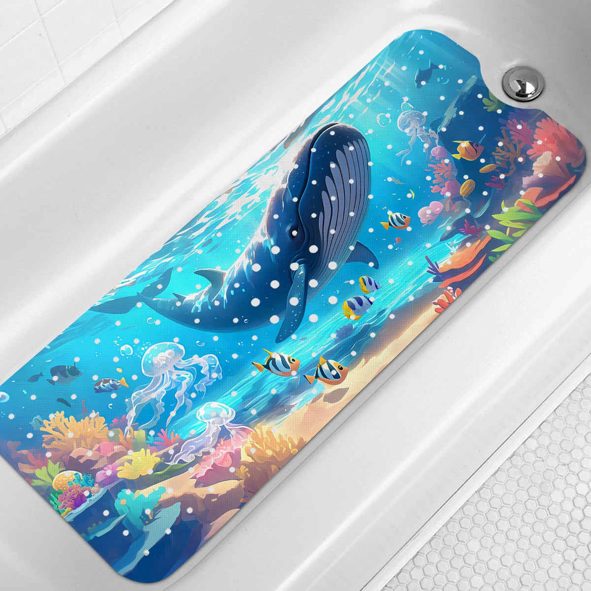 LNOND Bath Mat for Tub for Kids, Toddler Bathtub mat Non Slip, Whales and Coral Kids Bath Mats for Bathroom Non Slip with Drain Holes and Suction Cups,Machine Washable (40 X 16 Inch)