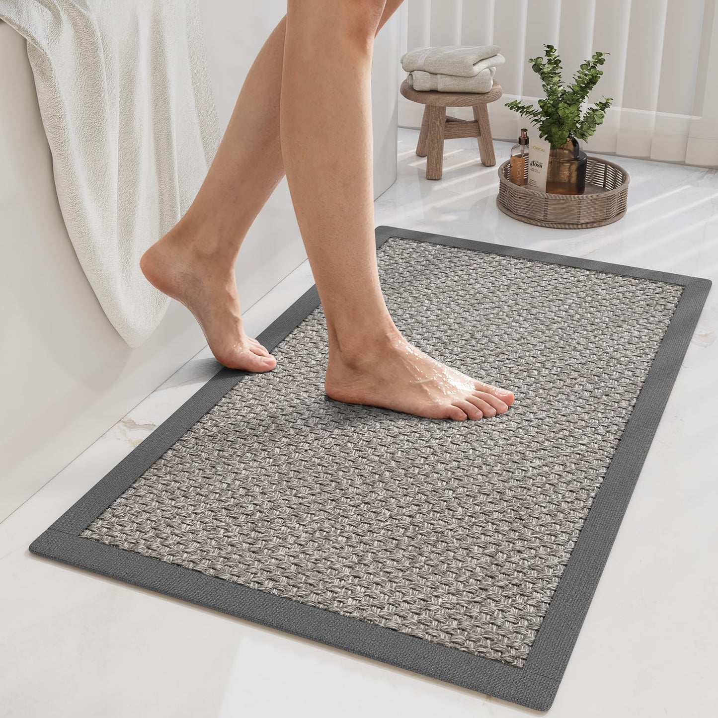 YDKGL Non Slip Bath Mat Thin Bathroom Rugs Fit Under Door Grey 16"x 24" | Quick Dry Absorbent Washable Rubber Backing Bath Rug Shower Mat Bathroom Floor Mat for Sink Bathtub Beside Shower Entrance