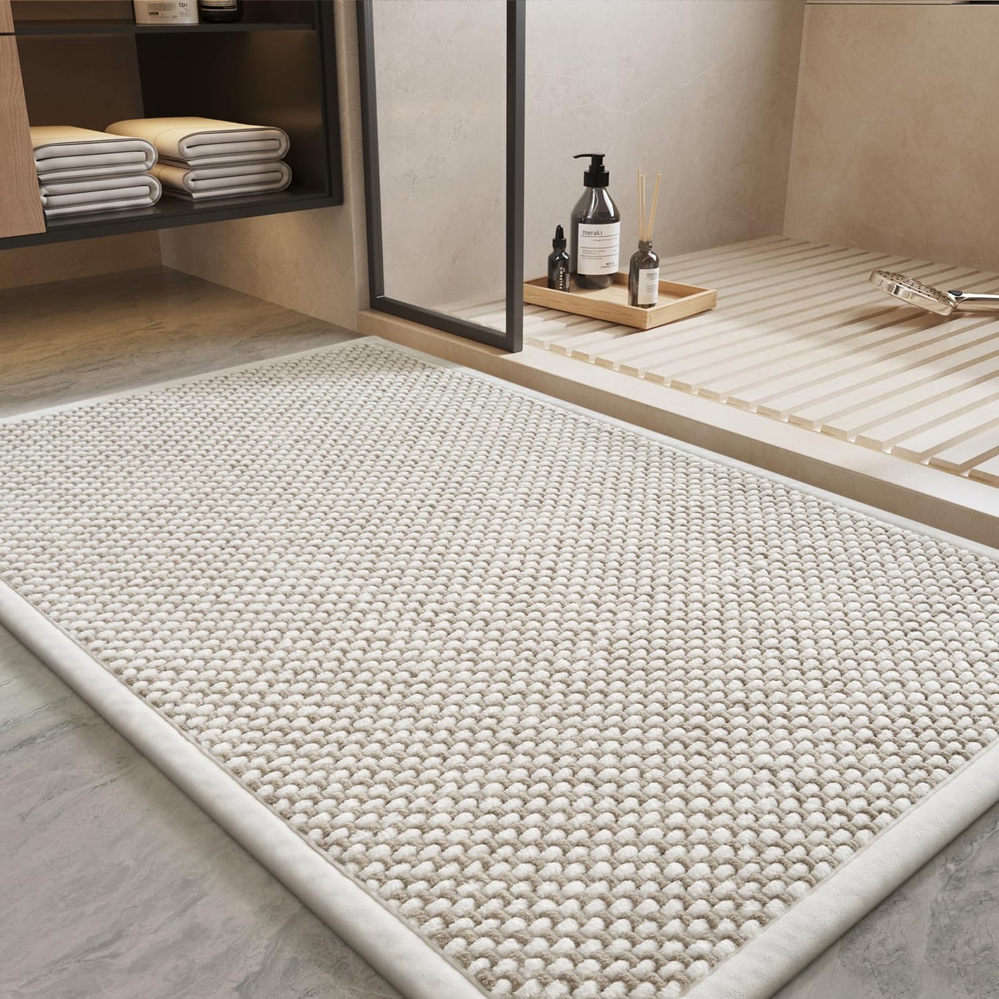 PADOOR-Bath Mat-Super Absorbent Chenille Bathroom Mats-Rubber Backed Bath Mats for Bathroom Non Slip, Easy Clean Bathroom Rugs Front of Bathtub,Shower Room,Sink-17×28, Beige&Cream