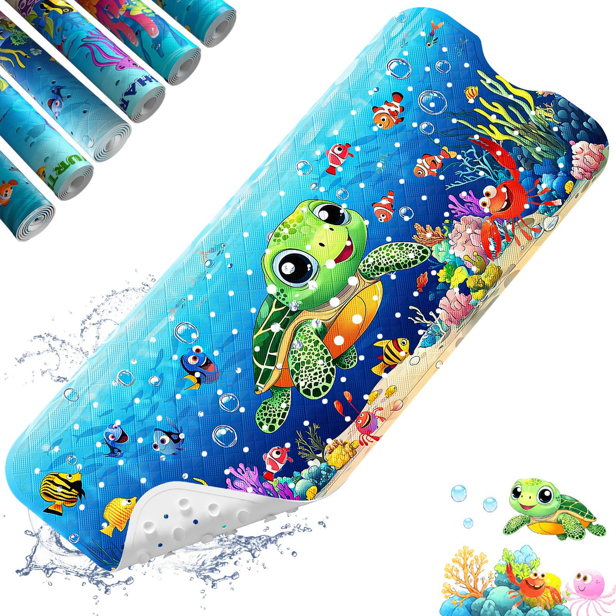 XIYUNTE Baby Bath Mat for Tub Non Slip Kids Bath Mat - 40''x16'' Extra Long Cartoon Turtle Baby Bath Tub Mat Eco-Friendly Toddler Bath Mats with Suction Cups & Drain Holes, Easy to Clean & Easy Drying