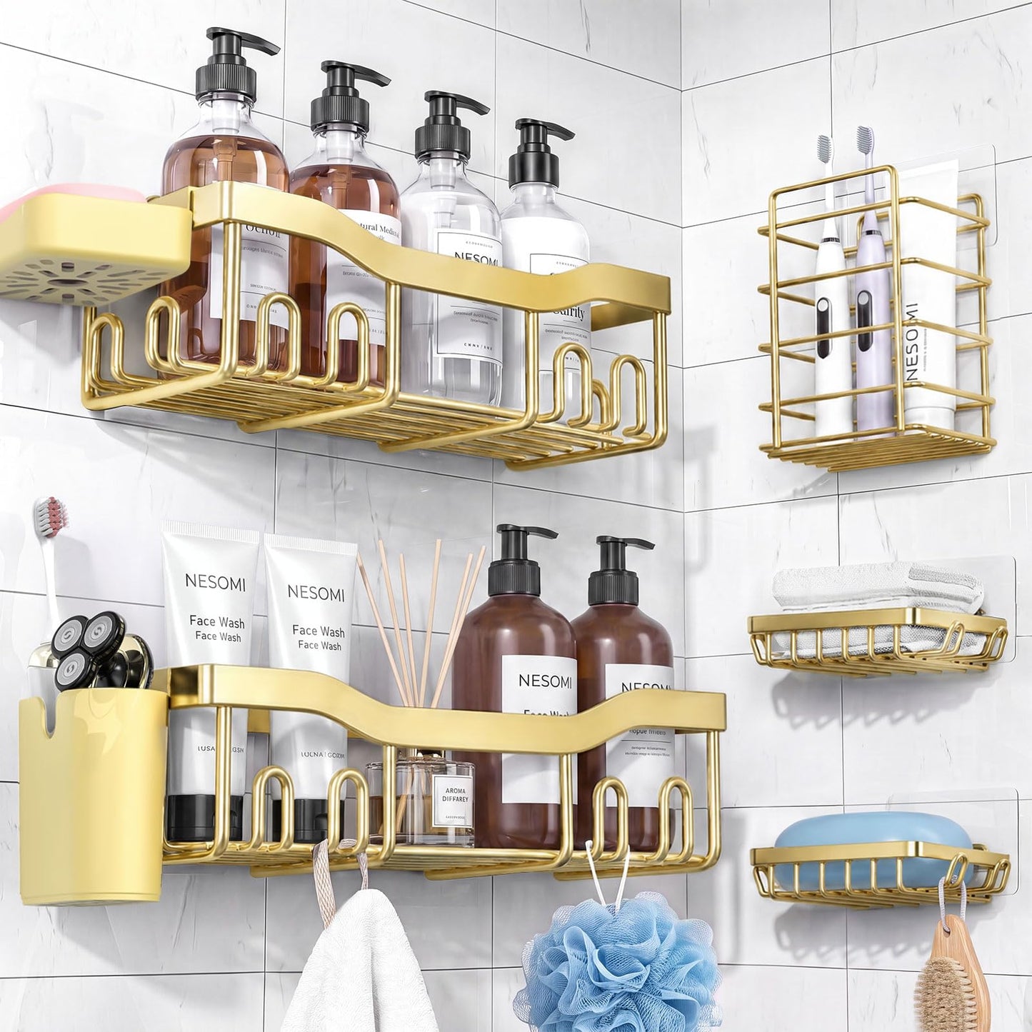 NESOMI 7-Pack Shower Caddy Adhesive,Stainless Steel Shower Organizer Shelf | Rustproof, with Soap Dish Toothbrush Holder, Large Capacity, No-Drill Rack Bathroom Storage Accessories, 24 Hooks, Home Decor
