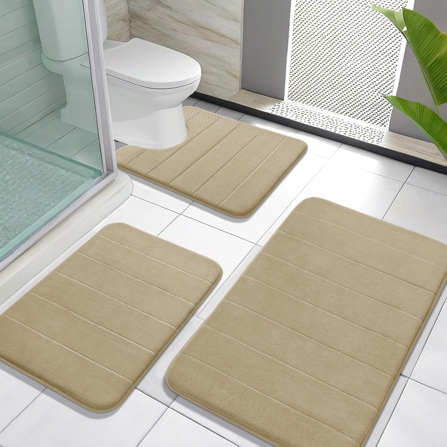 Yimobra Memory Foam Bath Mat Set 3 Pieces- Super Soft Absorbent Quick Dry Bathroom Rug Sets, Machine Washable Non Slip Floor Carpet for Tub Shower, Vanity & Toilet Base, Gray