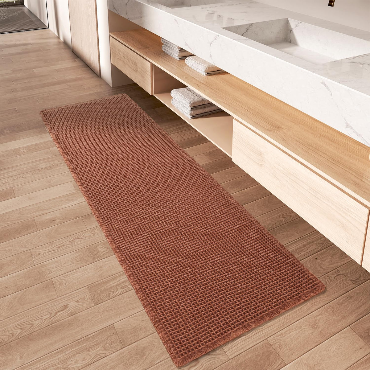 Upgraded Waffle Bath Mat Ultra Absorbent Non Slip Bathroom Mat, 17" x 24" | Brown, Quick Dry Washable Bathroom Rugs, Extra Soft Decorative Bath Rugs for Bathroom Floor, Beside Tub and Shower