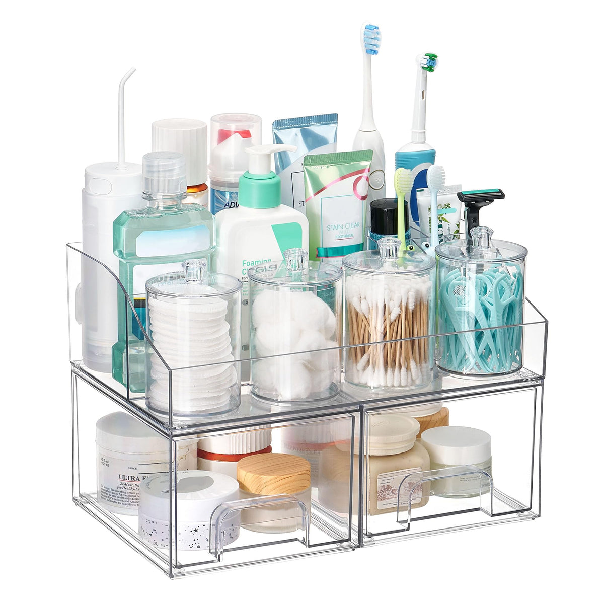 Vtopmart 5 PCS Bathroom Countertop Organizer Sets | 1 Divided Tray, 4 Qtip Holder Jars, Clear, For Toothbrush, Cotton Pads, for bathroom countertop