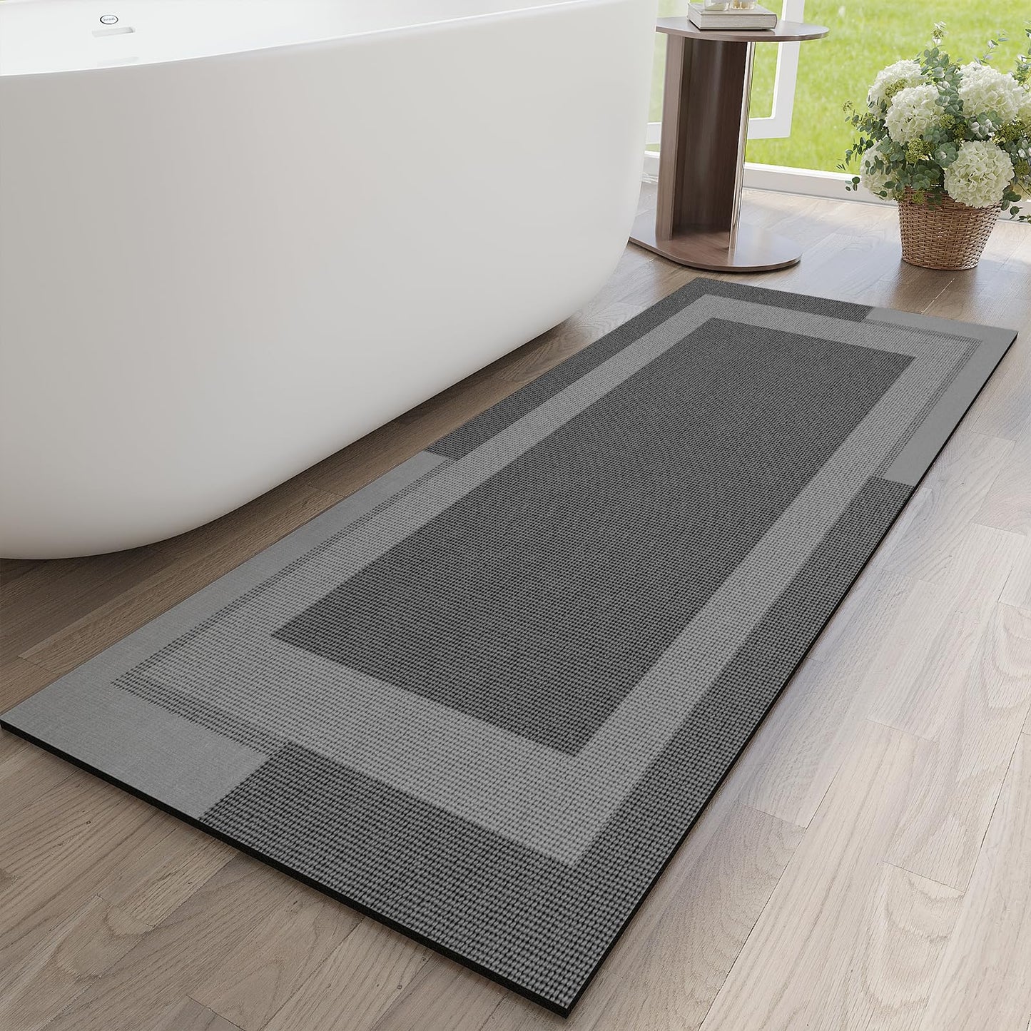 YDKGL Non Slip Bath Mat Thin Bathroom Rugs Fit Under Door Grey 16"x 24" | Quick Dry Absorbent Washable Rubber Backing Bath Rug Shower Mat Bathroom Floor Mat for Sink Bathtub Beside Shower Entrance