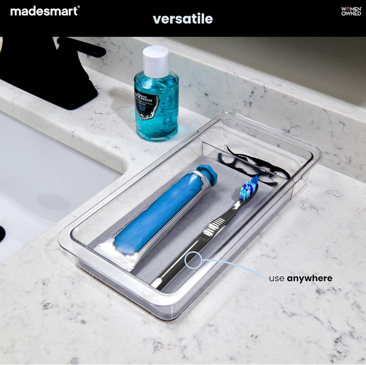 madesmart Drying Stone Drawer Organizer, Clear | diatomite, fast drying surface, divided layout, toothpaste floss, dental items, bathroom counter, woman owned