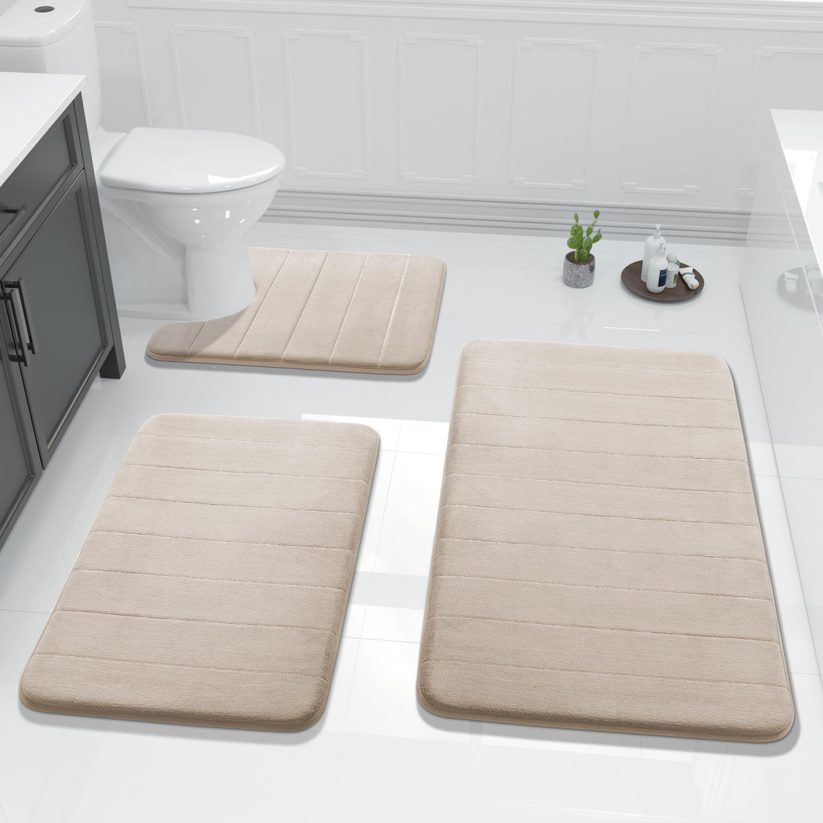 Yimobra Memory Foam Bath Mat Set 3 Pieces- Super Soft Absorbent Quick Dry Bathroom Rug Sets, Machine Washable Non Slip Floor Carpet for Tub Shower, Vanity & Toilet Base, Gray
