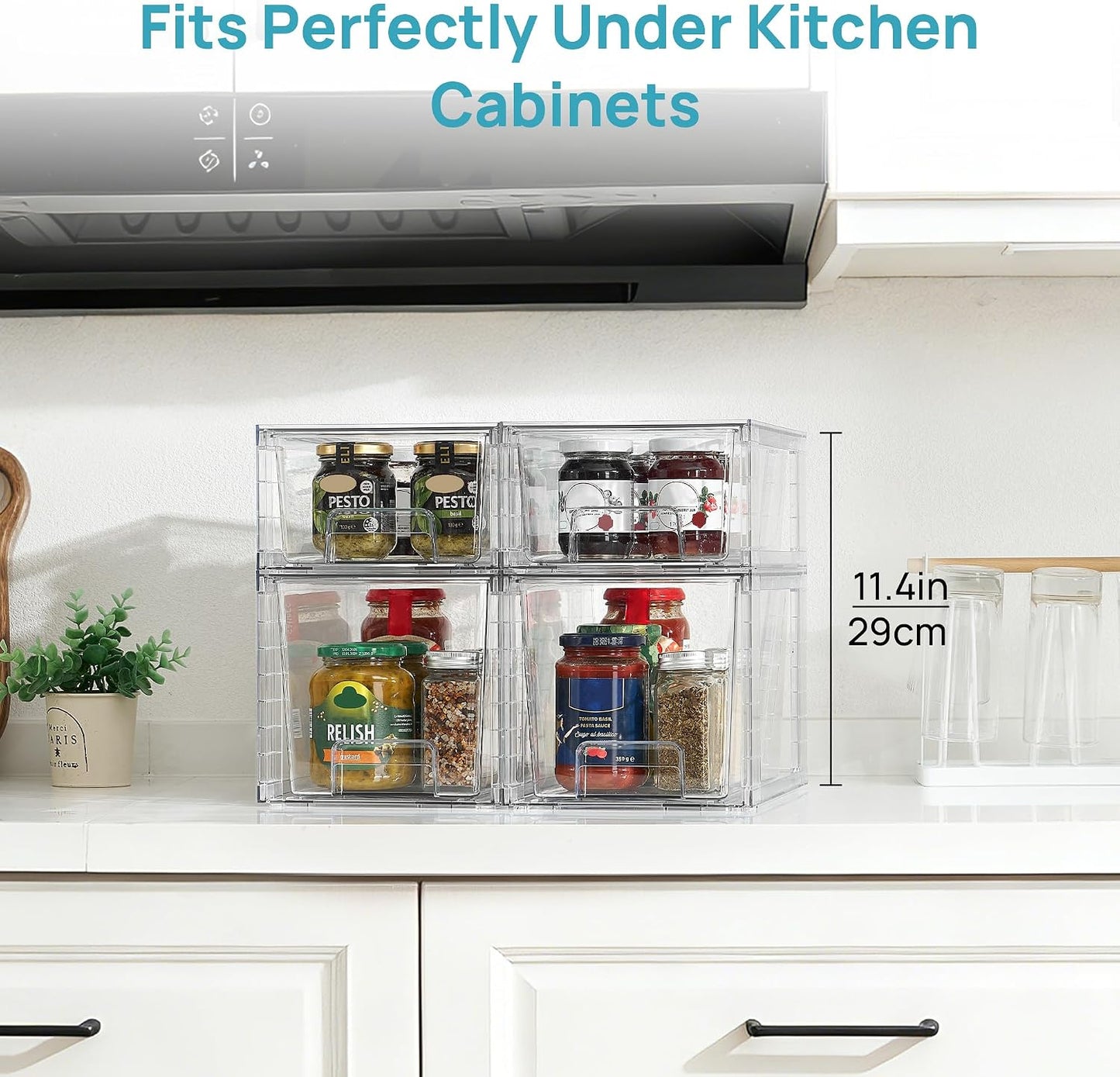 Vtopmart Clear Stackable Storage Drawers, 4 Pack Kitchen Cabinet Set | Medium and Small Pull-Out PET Drawers with Stackable Design for Kitchen Cabinets, Pantry, Under Sink, Medicine
