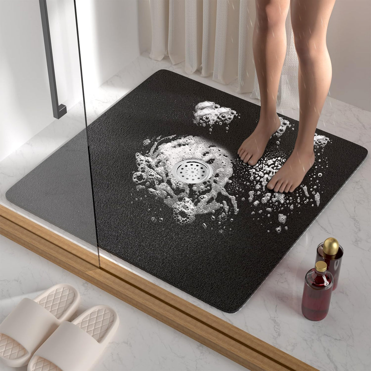 HITSLAM Square Shower Mat, 24 x 24 Inch Non Slip Bath Mat for Tub, Soft PVC Loofah Bathtub Mats with Drain Holes, Quick Drying Bathroom Stall Floor Mat, Bathroom Accessories Without Suction Cup, Grey