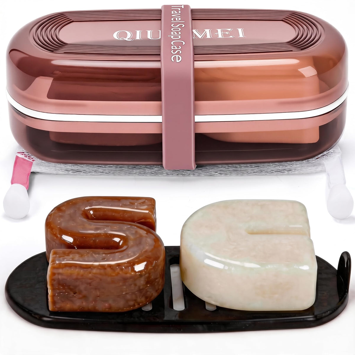 Shampoo Bar Holder and Soap Case | Leakproof Travel Container with Lid & Drain Tray | Includes Silicone Strap and Mesh Soap Bag | for Bathroom, Shower, Camping, Gym Travel (Red, Large)