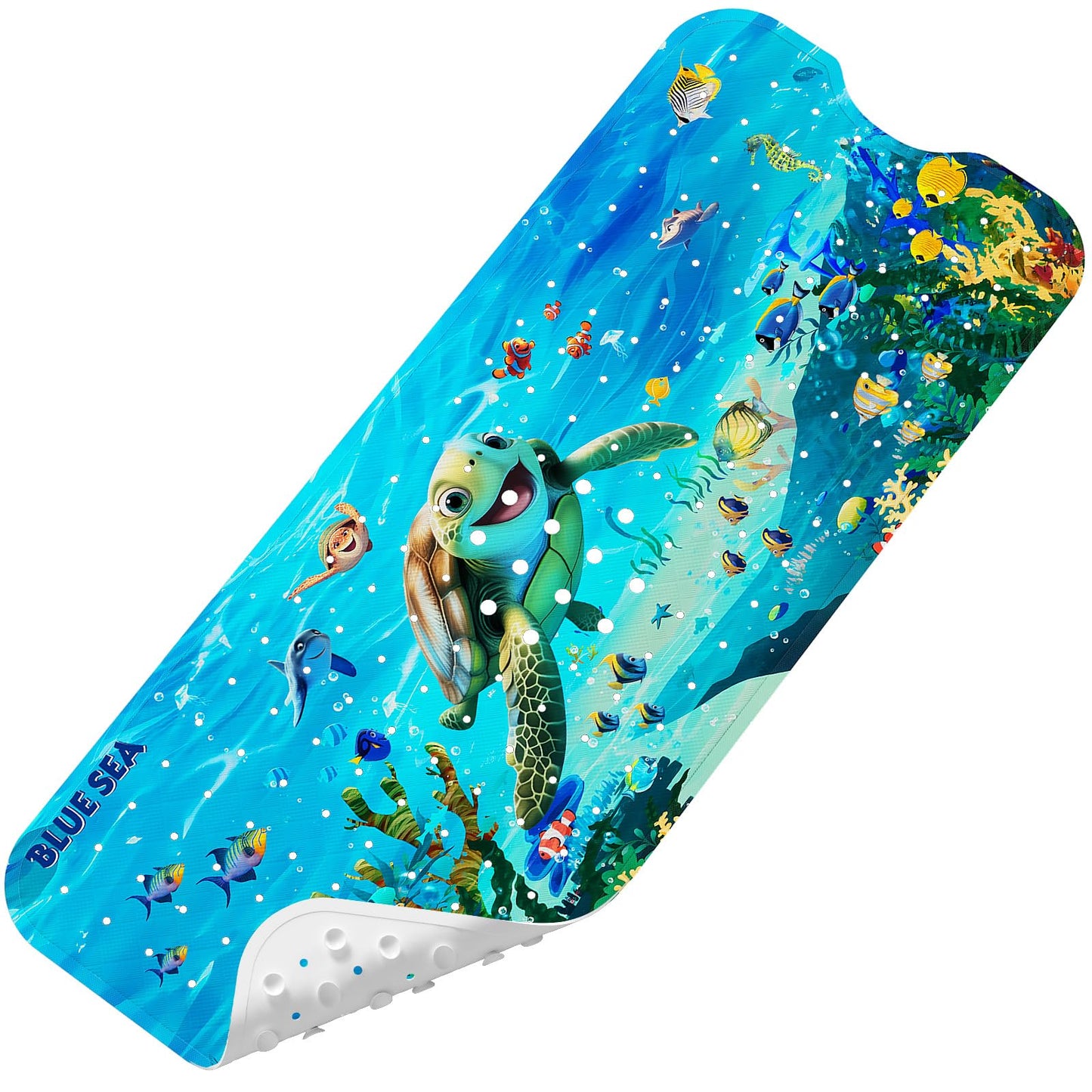 Baby Bath Mat for Tub Non Slip Kids, BPA Free Extra Long Bathtub Mat 40x16 with Drain Holes and 200 Suction Cups, Non Toxic Machine Washable Toddler Bath Mat, No Fading, Sea