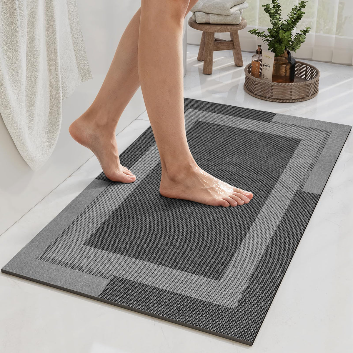 YDKGL Non Slip Bath Mat Thin Bathroom Rugs Fit Under Door Grey 16"x 24" | Quick Dry Absorbent Washable Rubber Backing Bath Rug Shower Mat Bathroom Floor Mat for Sink Bathtub Beside Shower Entrance