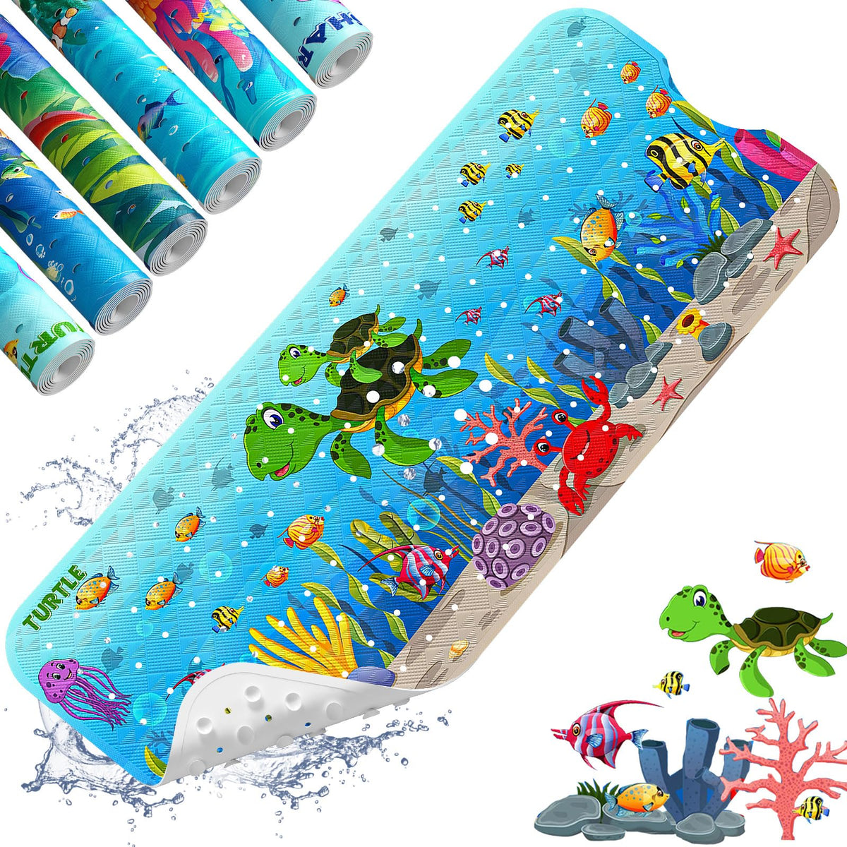 XIYUNTE Baby Bath Mat for Tub Non Slip Kids Bath Mat - 40''x16'' Extra Long Cartoon Bathtub Mat Non Slip Kids Shower Mat Eco-Friendly Toddler Bath Mats with Suction Cups, Machine Washable