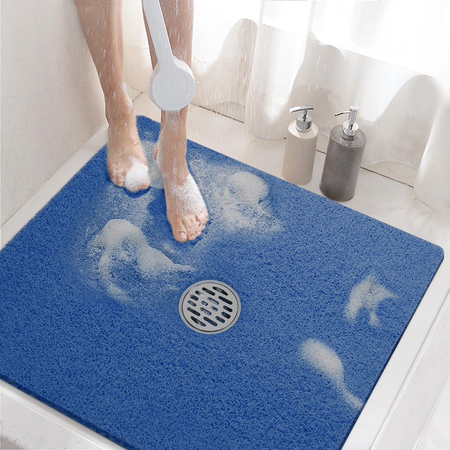 HITSLAM Square Shower Mat, 24 x 24 Inch Non Slip Bath Mat for Tub, Soft PVC Loofah Bathtub Mats with Drain Holes, Quick Drying Bathroom Stall Floor Mat, Bathroom Accessories Without Suction Cup, Grey