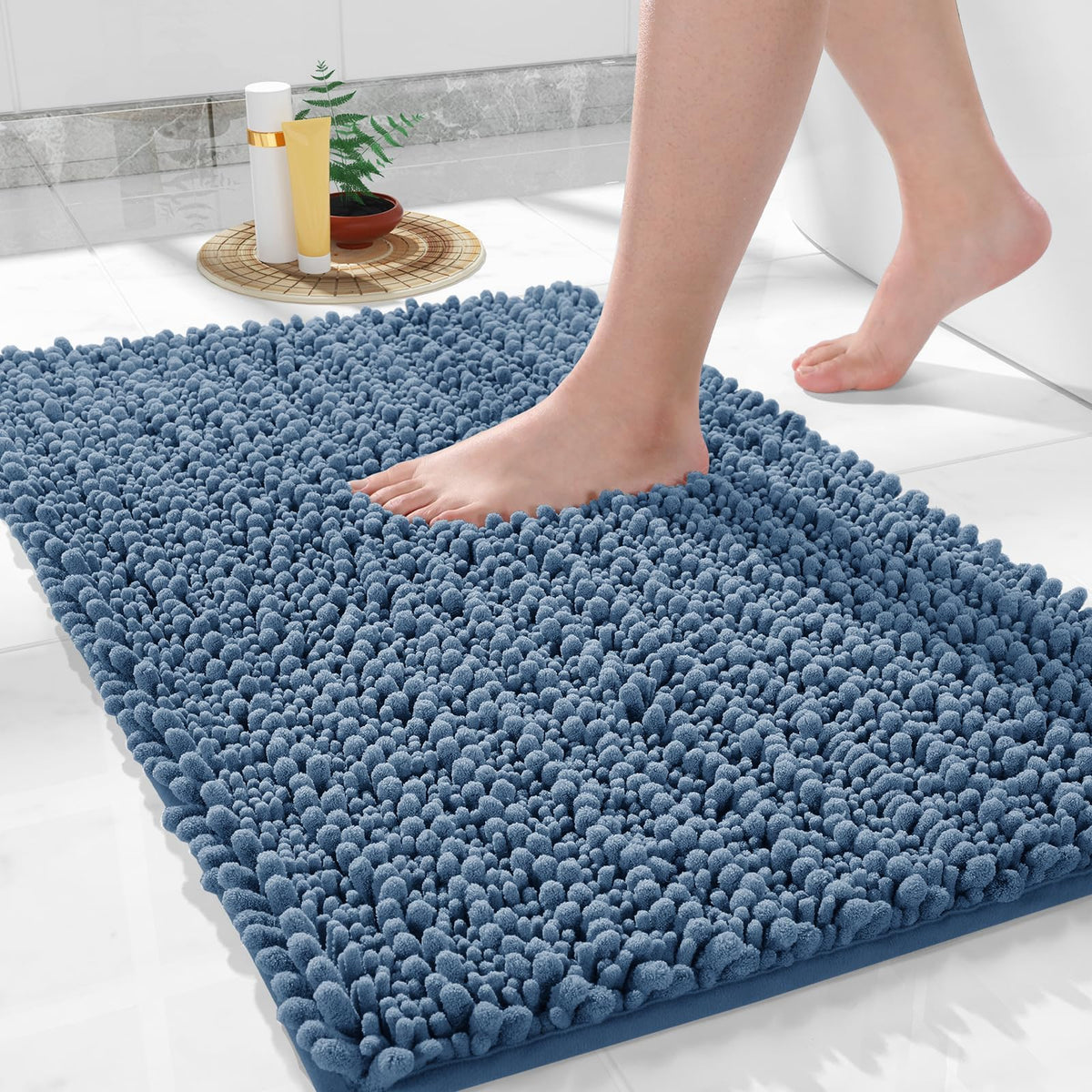 Yimobra Bathroom Rugs Non-Slip Washable – Extra Soft & Absorbent Chenille Bath Mat, Quick-Dry Plush Shaggy Floor & Vanity Bath Rugs for Tub & Shower, Modern Home Decor Accessories, 24 x 17, Grey