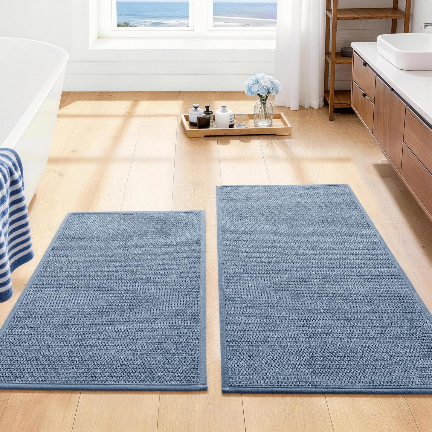 YIHOUSE Gray Bathroom Rugs Sets 3 Piece, Quick Dry Thin Bath Mat with Toilet Rug, Non Slip Absorbent Machine Washable, Bath Runner Rugs for Bathtub Sink Home Decor