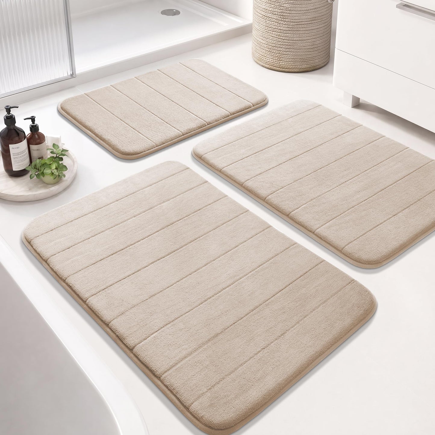 Yimobra Memory Foam Bath Mat Set 3 Pieces- Super Soft Absorbent Quick Dry Bathroom Rug Sets, Machine Washable Non Slip Floor Carpet for Tub Shower, Vanity & Toilet Base, Gray